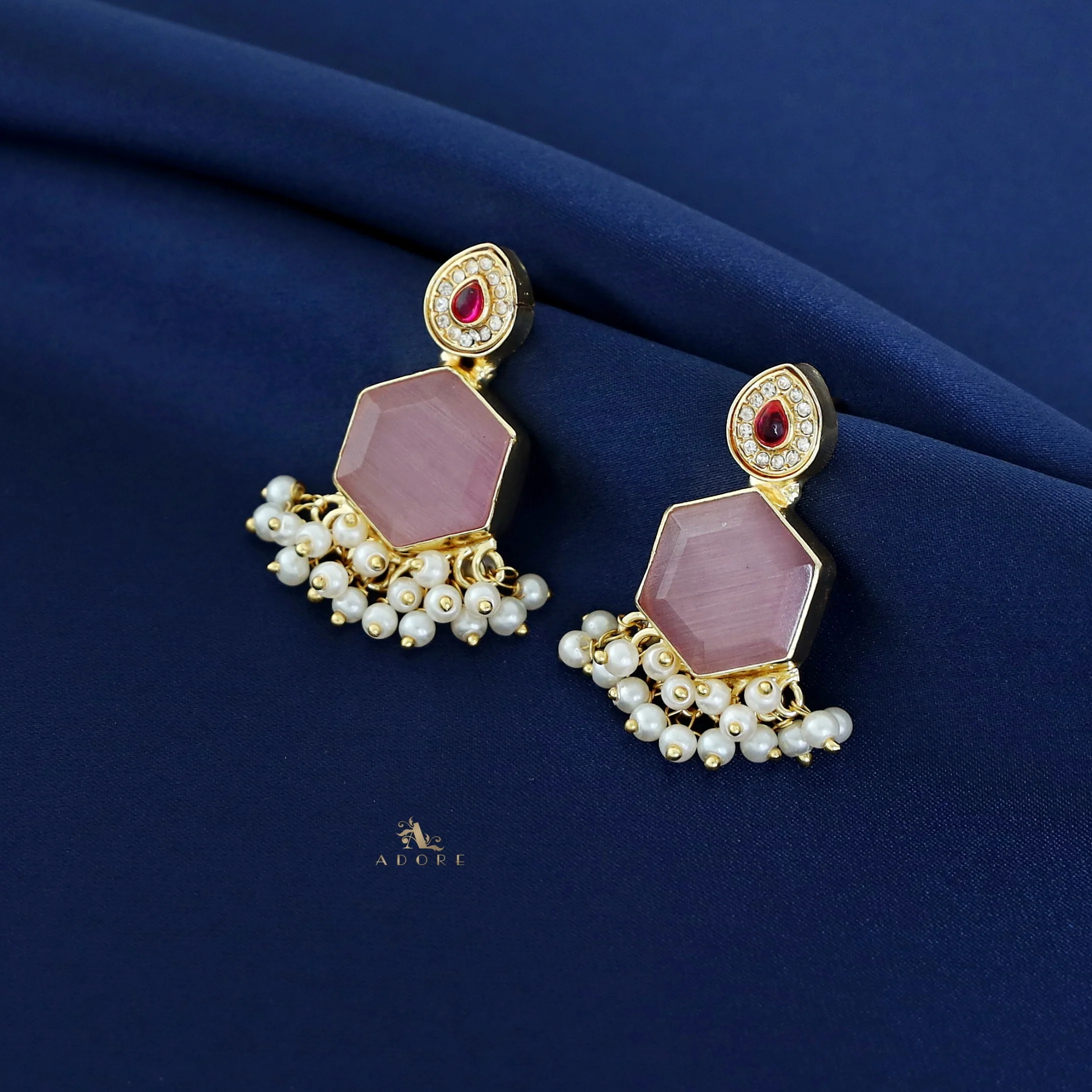Golden Drop + Hexagon Pearl Hanging Earring - Image 3