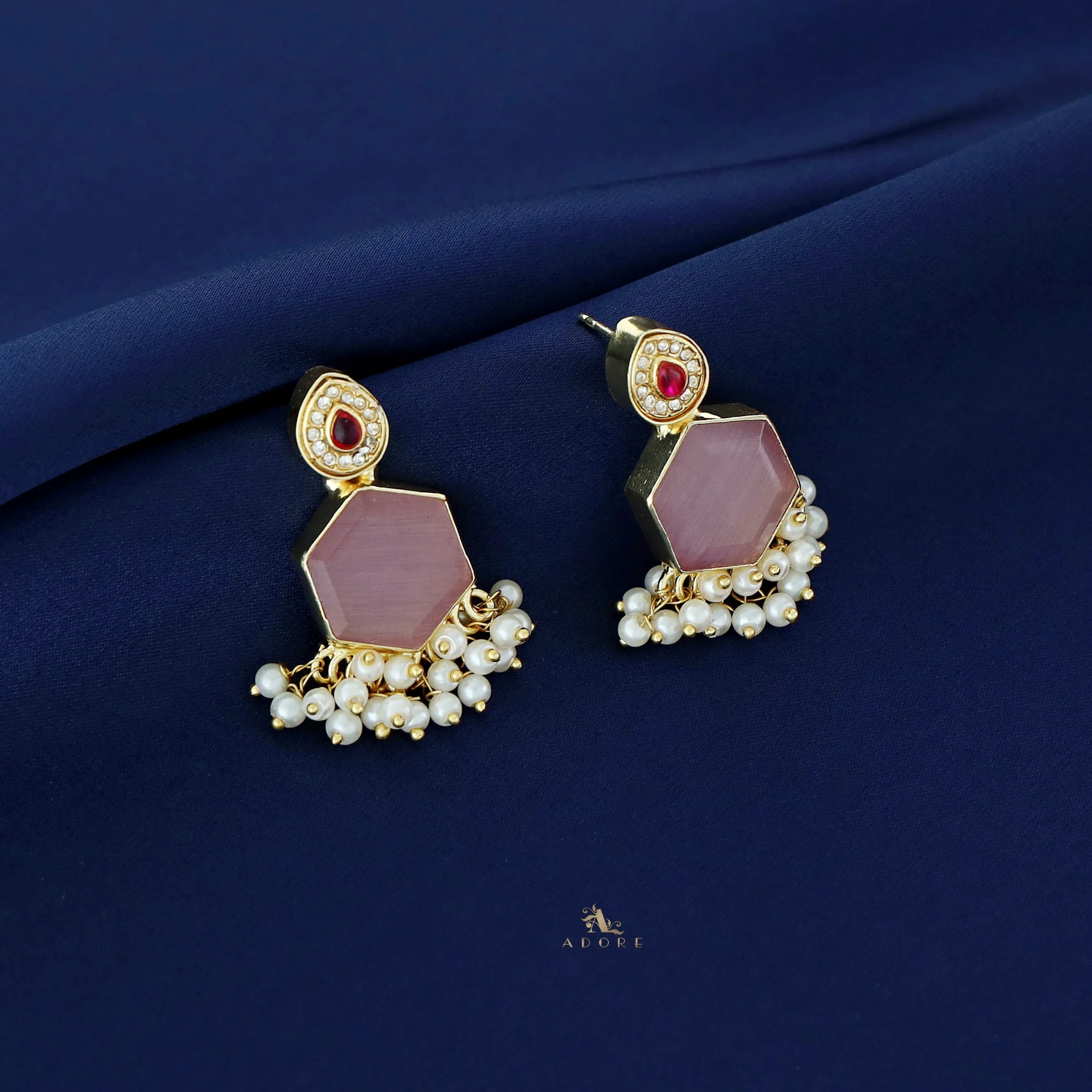 Golden Drop + Hexagon Pearl Hanging Earring - Image 4