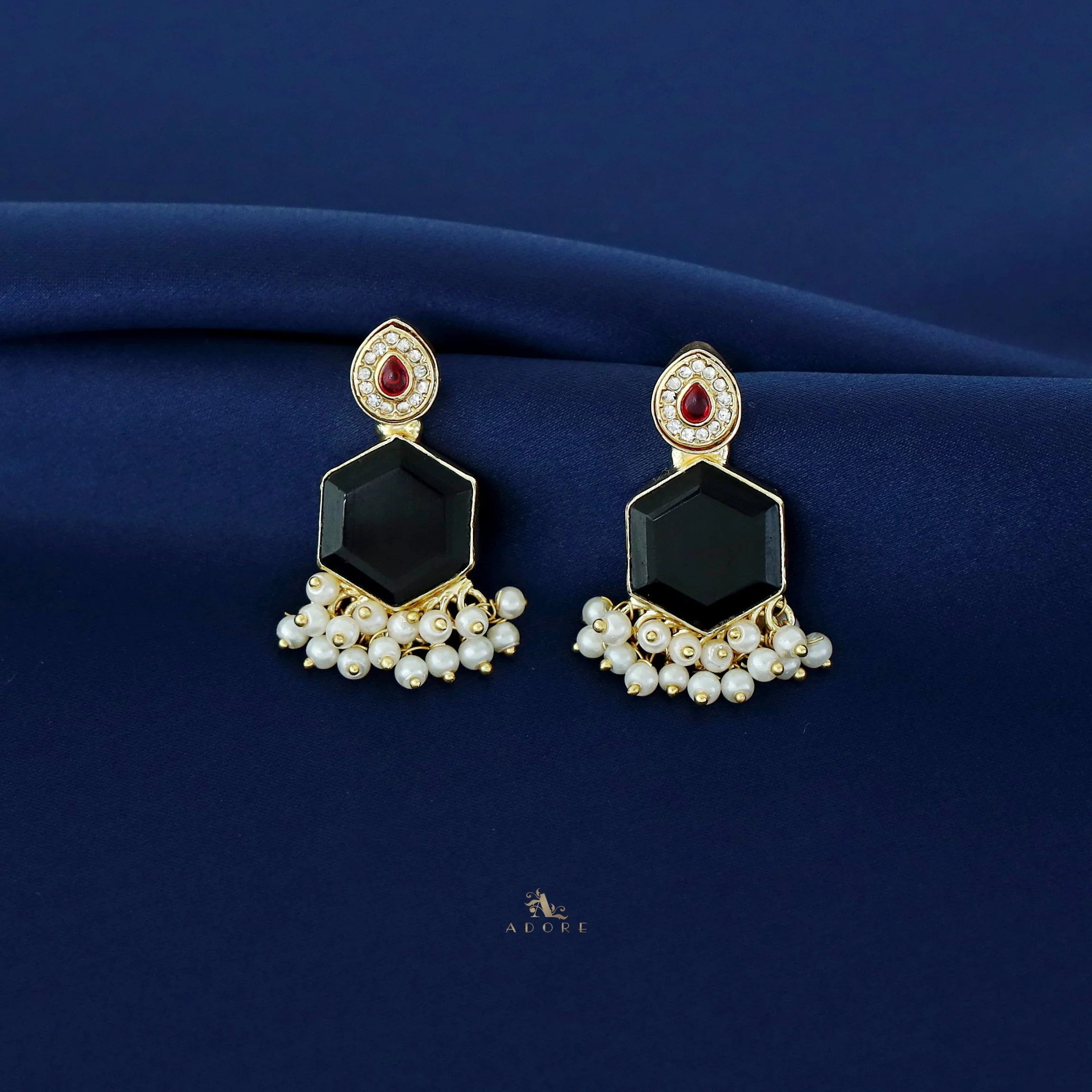 Golden Drop + Hexagon Pearl Hanging Earring - Image 5