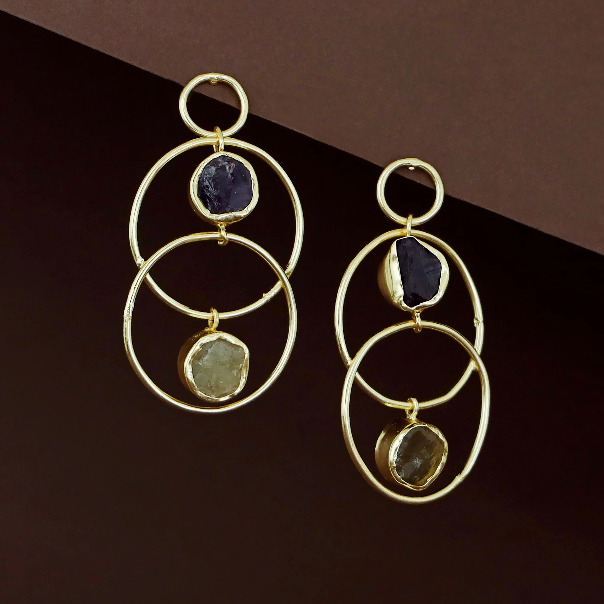 Dinaya Golden Dual Circle Raw Stone Earring - Image 2
