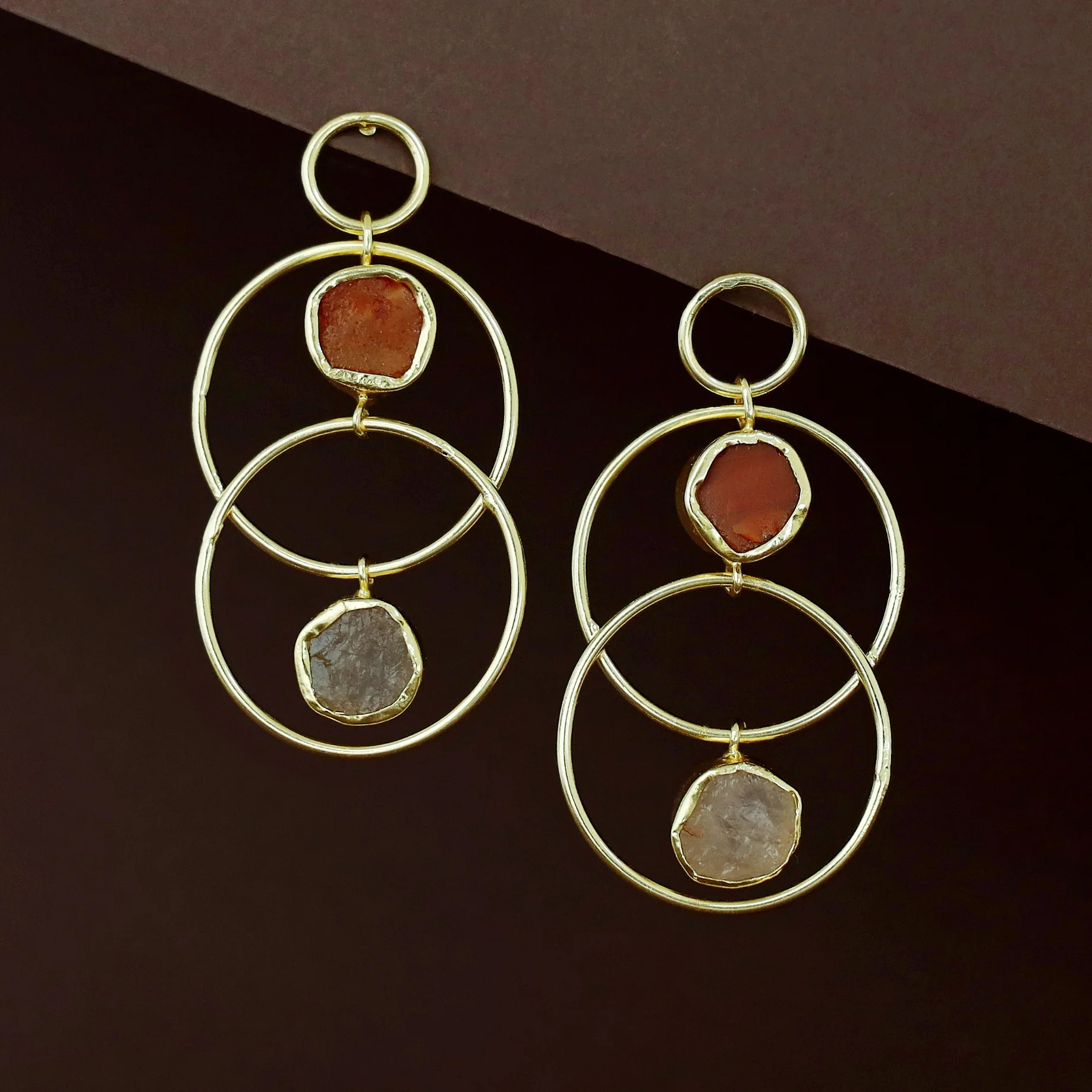 Dinaya Golden Dual Circle Raw Stone Earring - Image 3