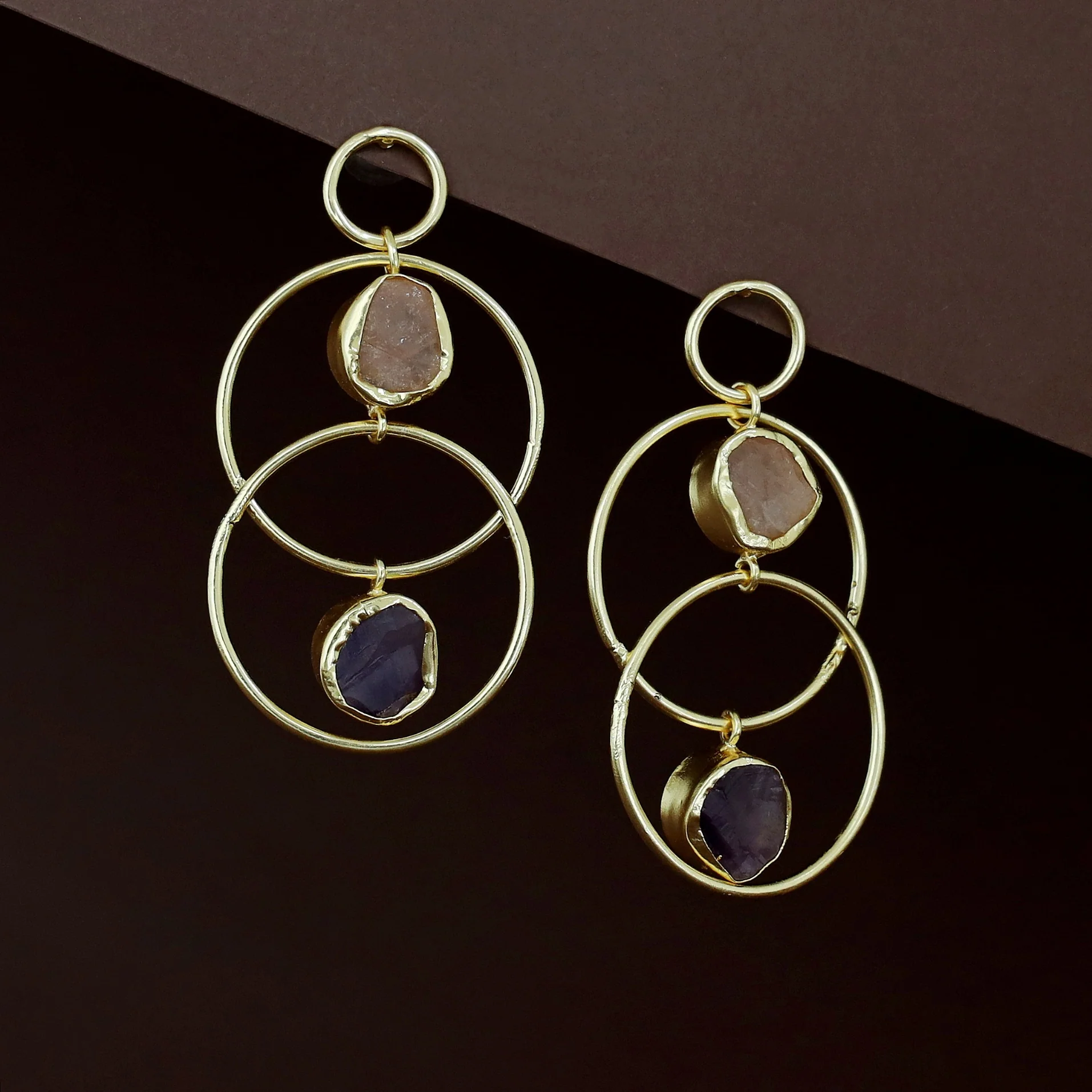 Dinaya Golden Dual Circle Raw Stone Earring - Image 4