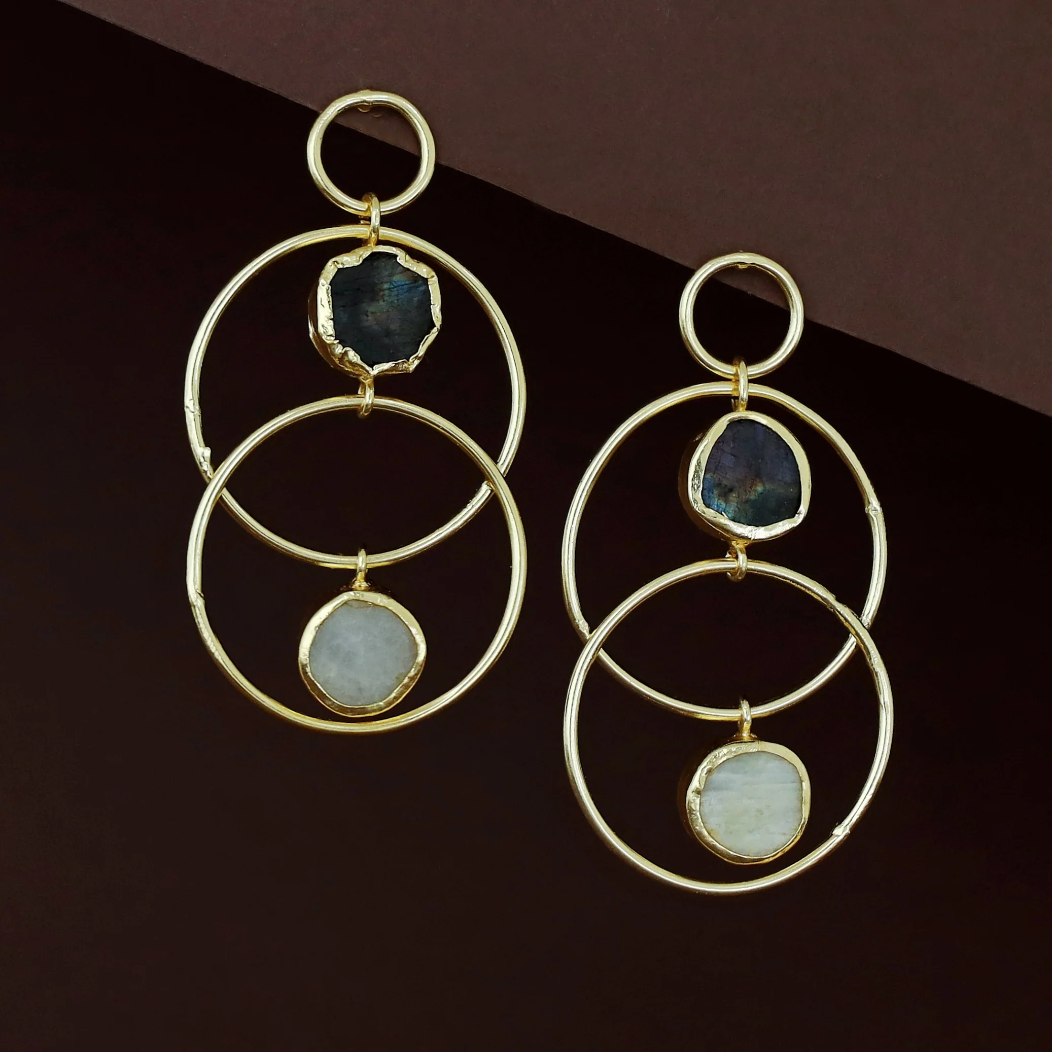 Dinaya Golden Dual Circle Raw Stone Earring - Image 5