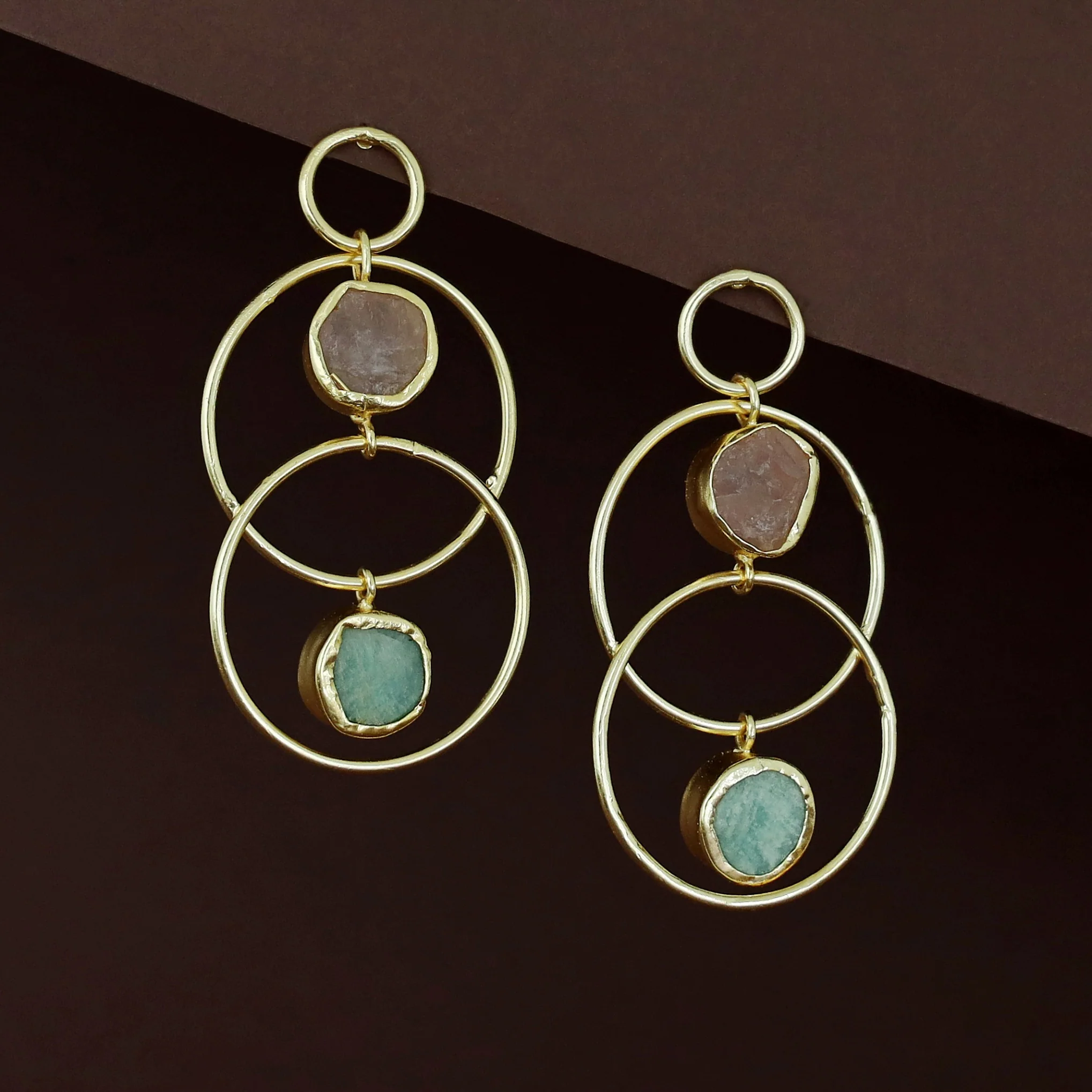 Dinaya Golden Dual Circle Raw Stone Earring - Image 6