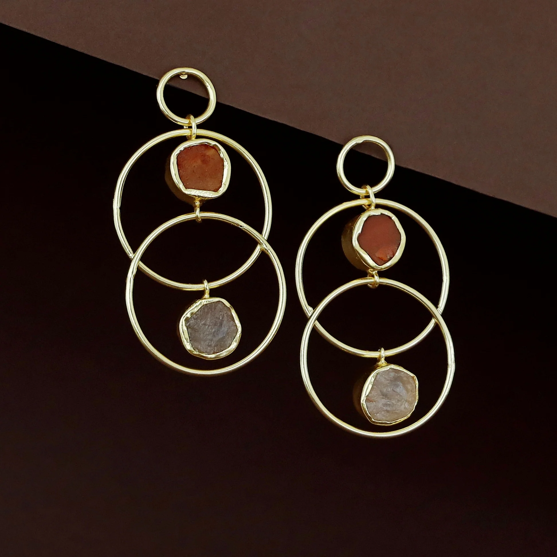 Dinaya Golden Dual Circle Raw Stone Earring - Image 7