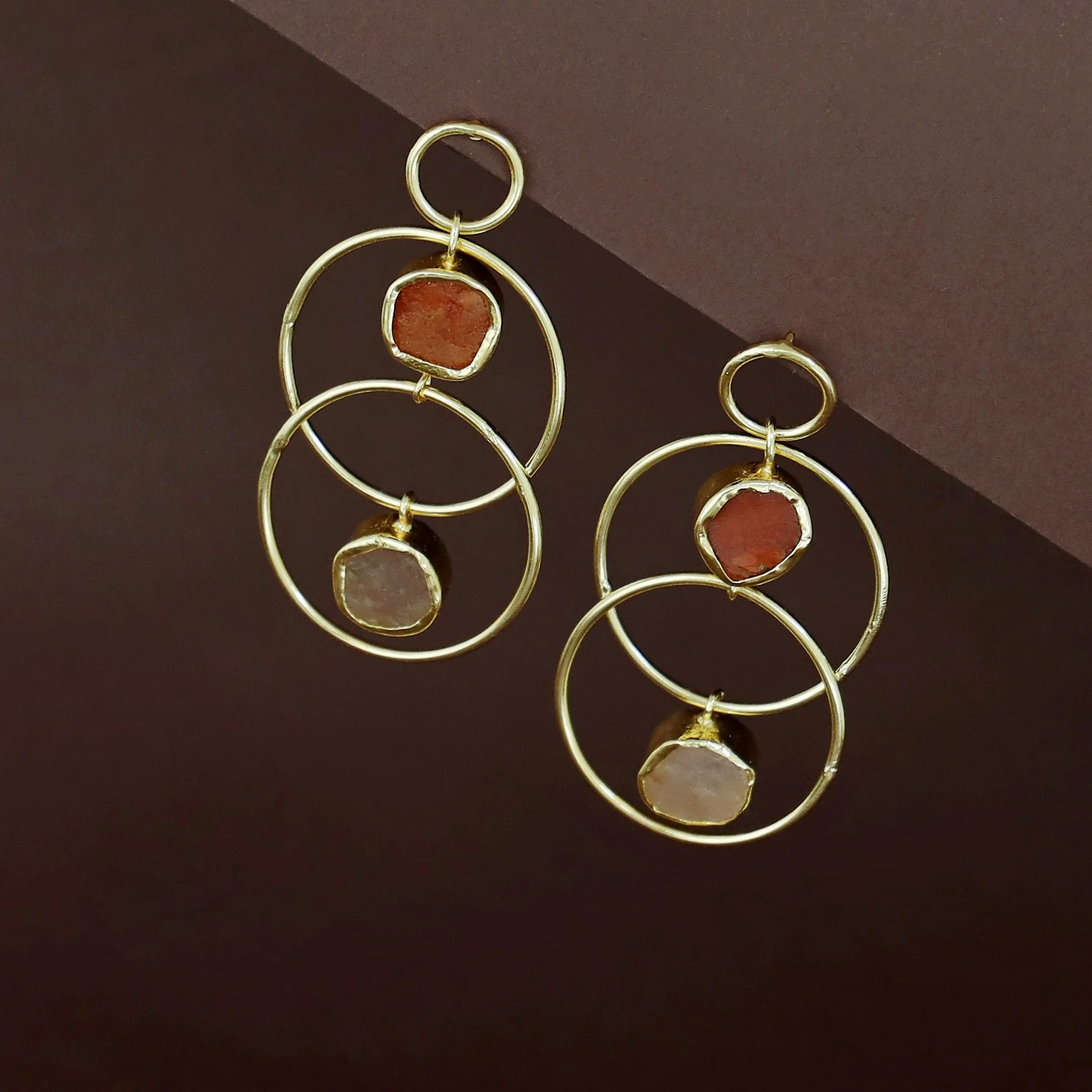 Dinaya Golden Dual Circle Raw Stone Earring - Image 8