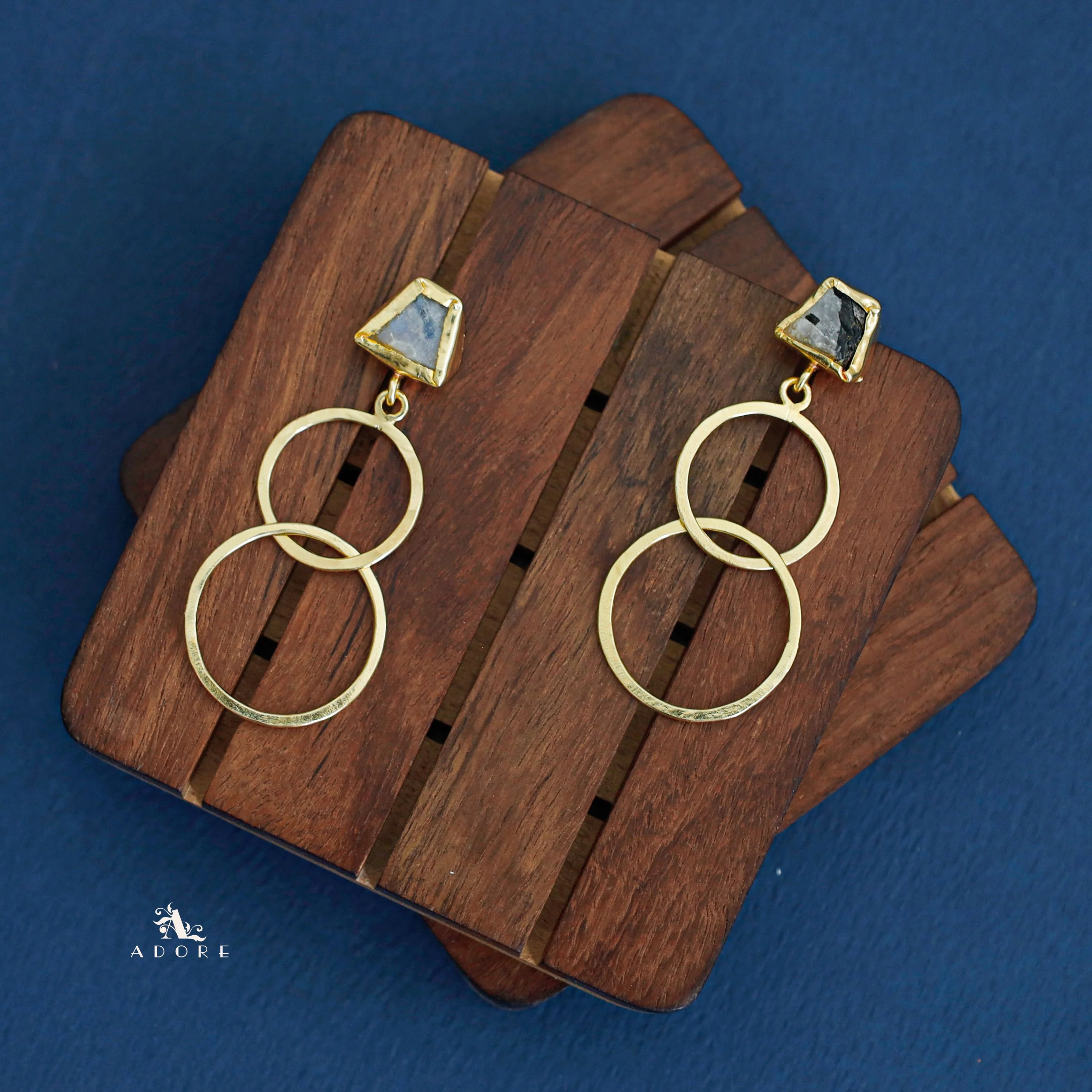 Golden Dual Circle Raw Stone Earring - Image 12