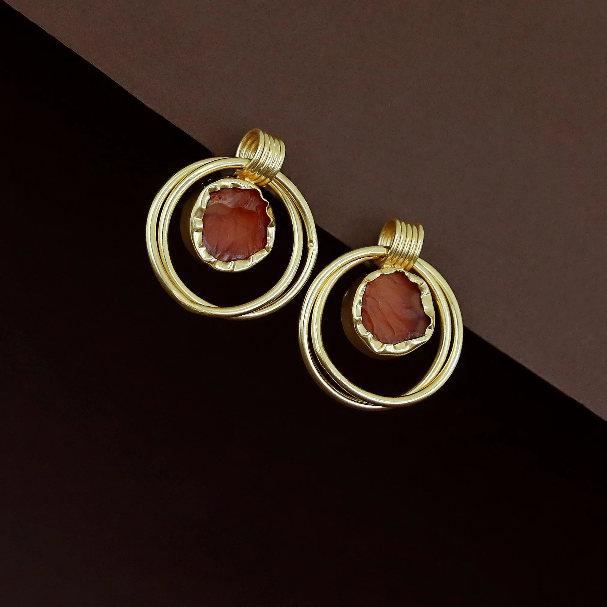 Elsa Golden Dual Circle Raw Stone Earring - Image 11