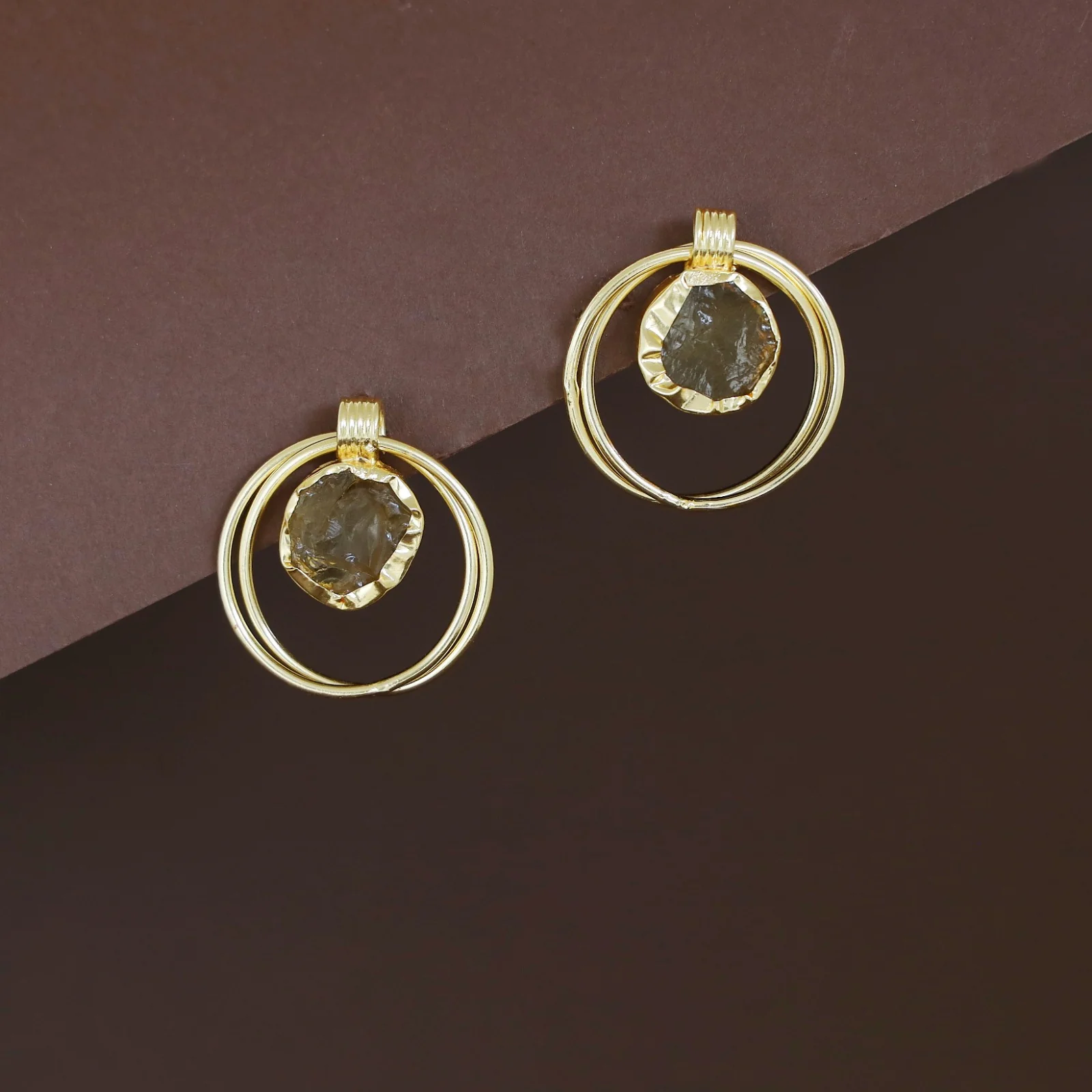 Elsa Golden Dual Circle Raw Stone Earring - Image 12