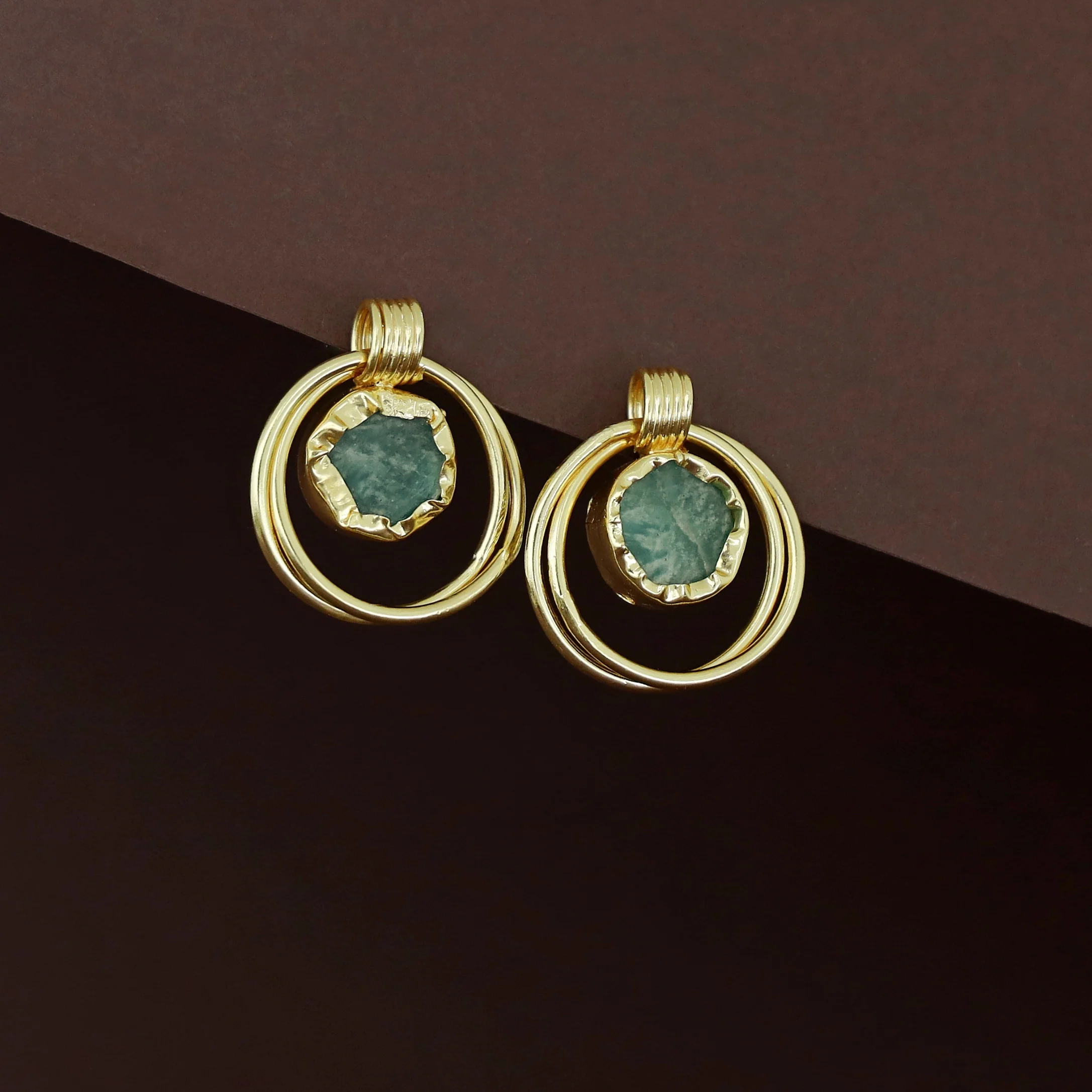 Elsa Golden Dual Circle Raw Stone Earring - Image 3