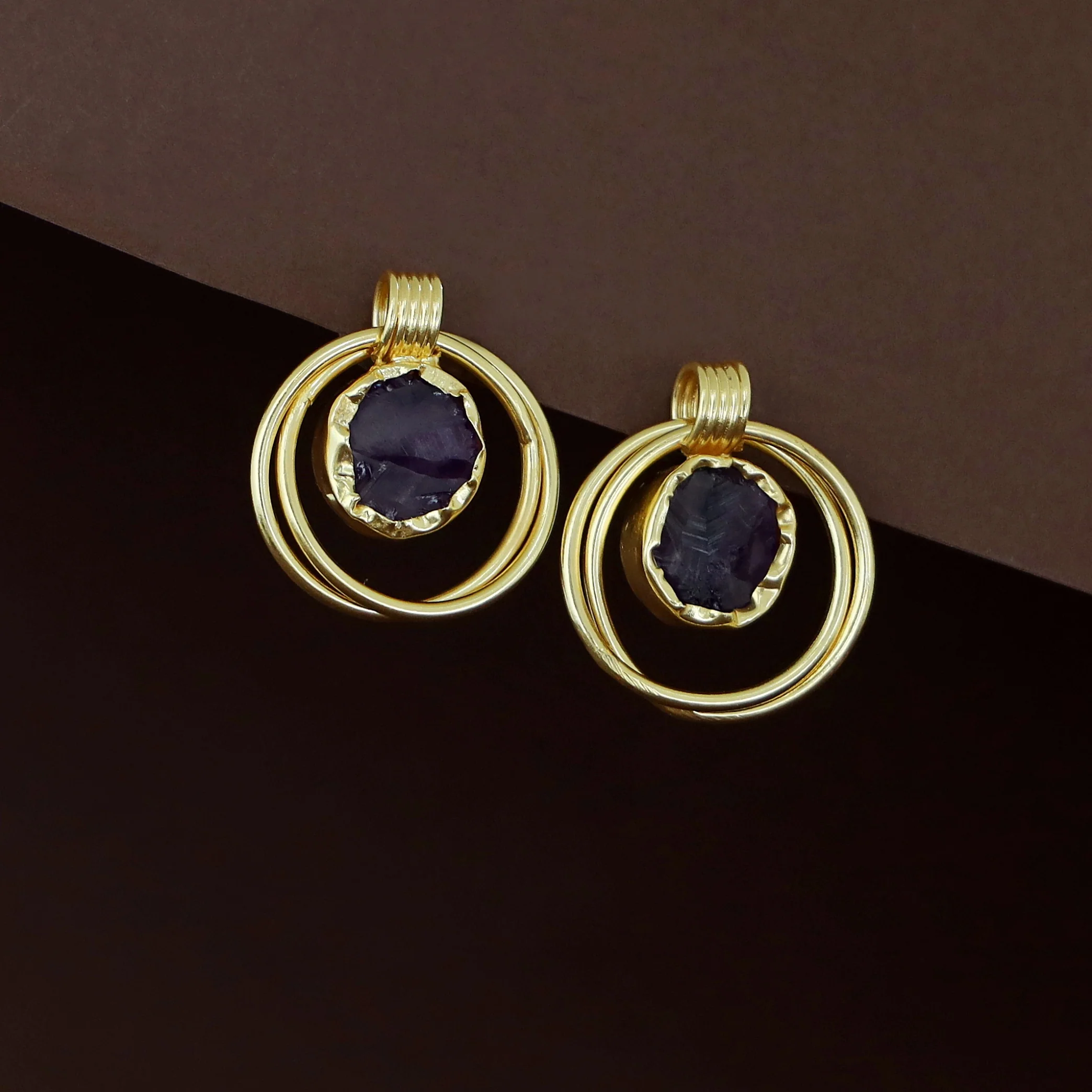 Elsa Golden Dual Circle Raw Stone Earring - Image 5