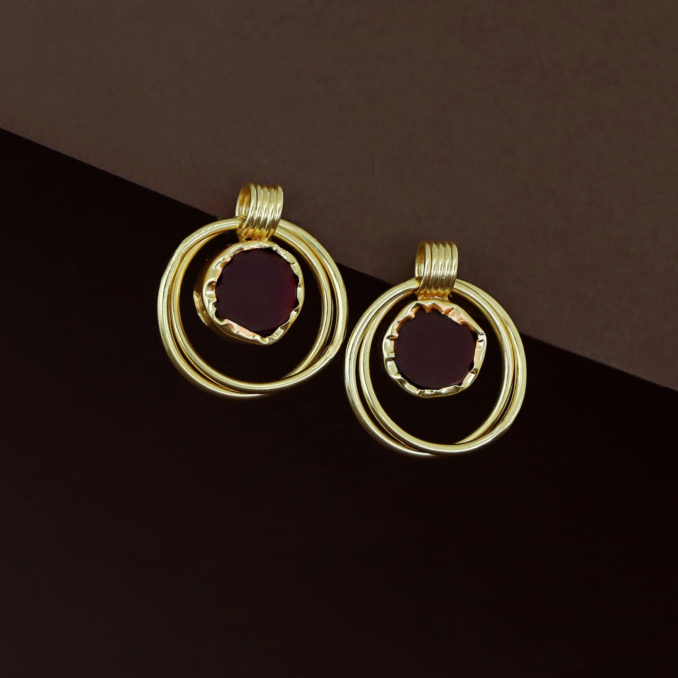 Elsa Golden Dual Circle Raw Stone Earring - Image 6