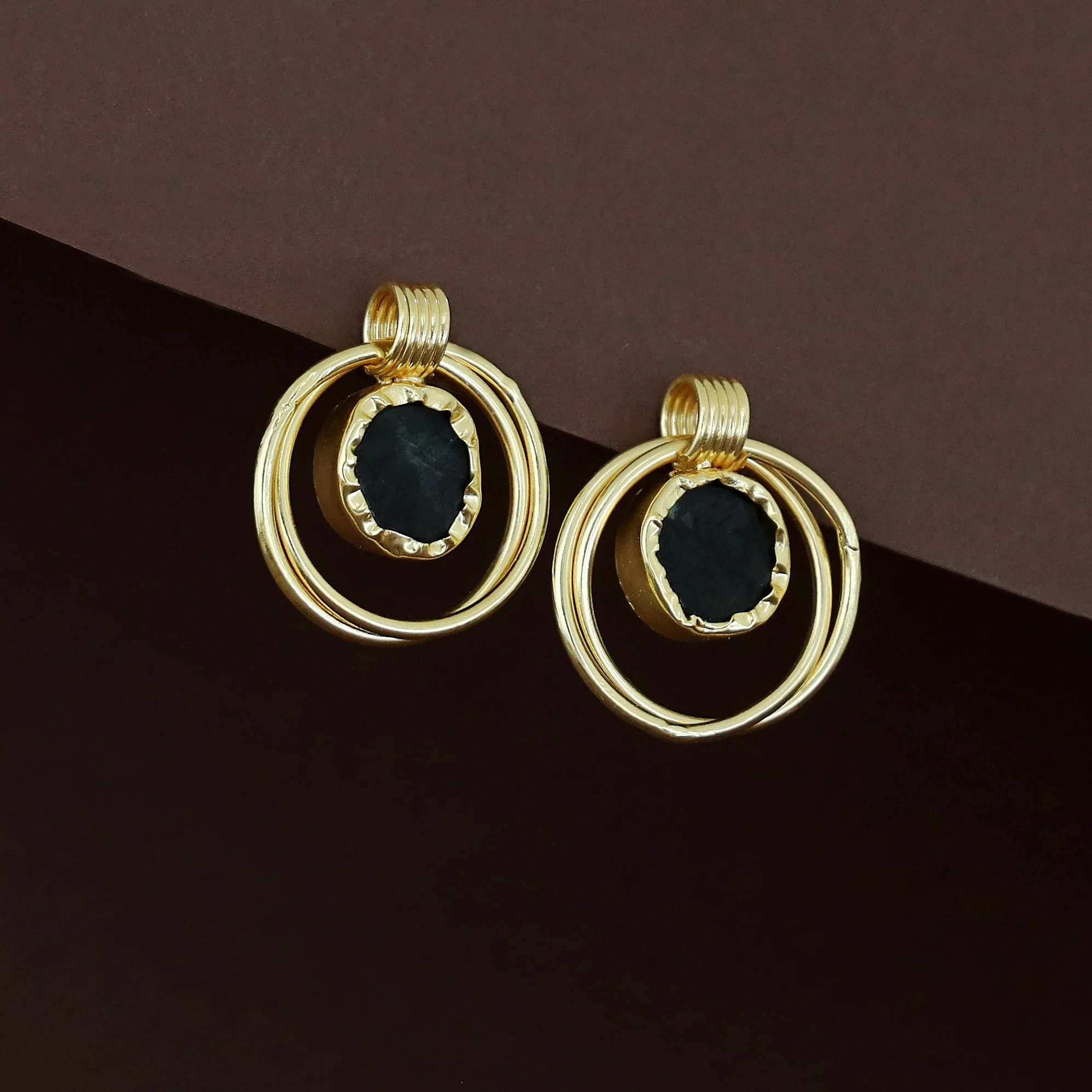 Elsa Golden Dual Circle Raw Stone Earring - Image 7