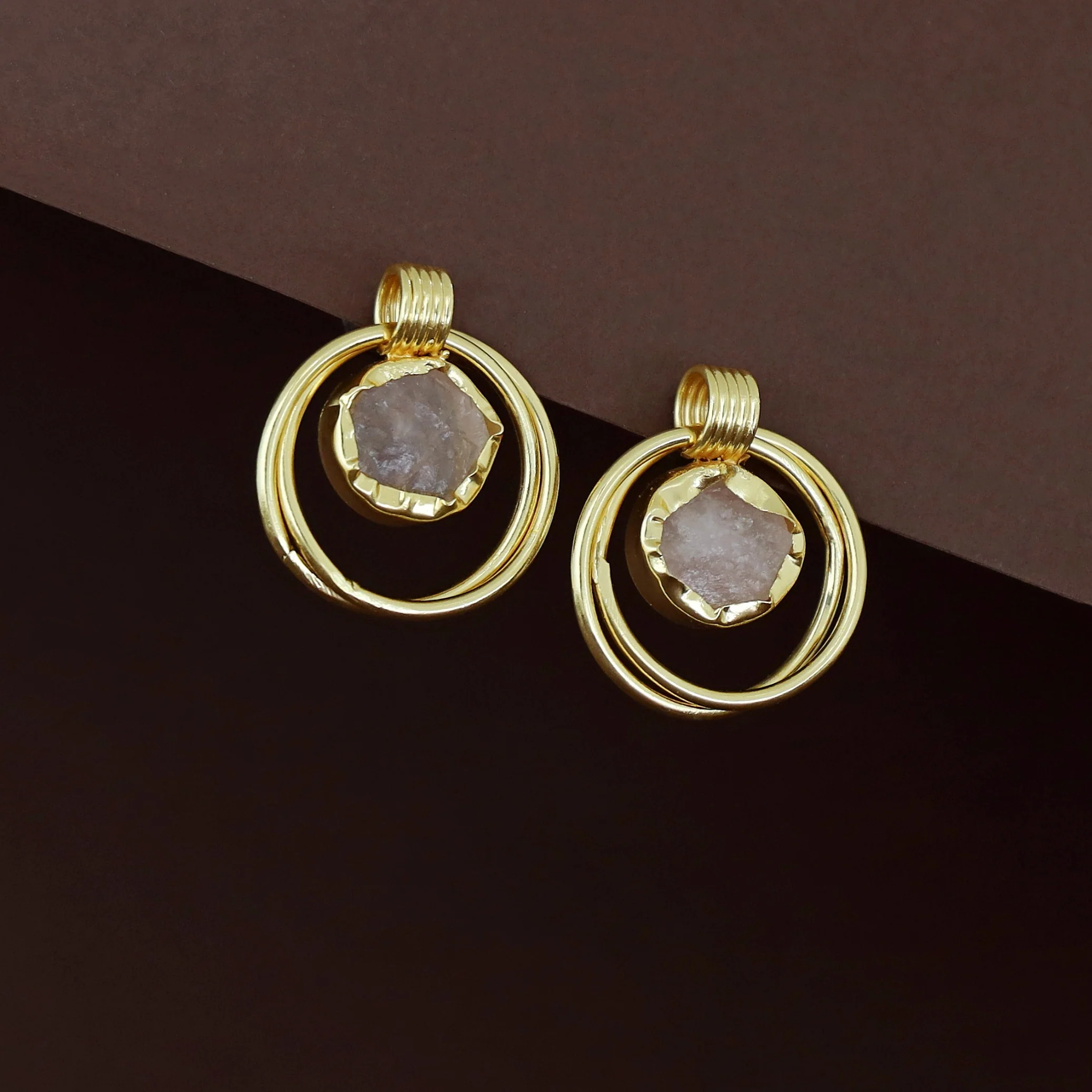 Elsa Golden Dual Circle Raw Stone Earring - Image 8