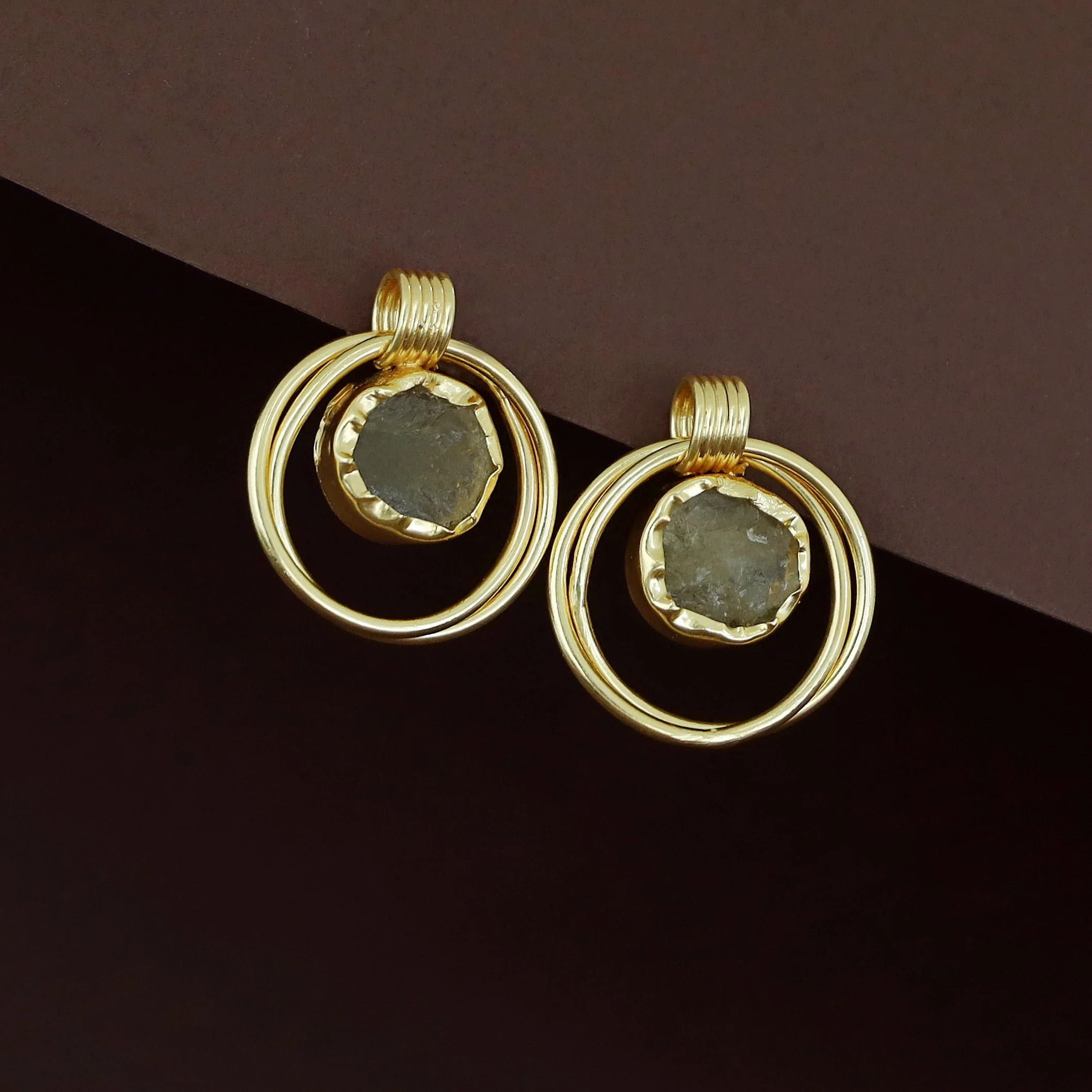 Elsa Golden Dual Circle Raw Stone Earring - Image 9