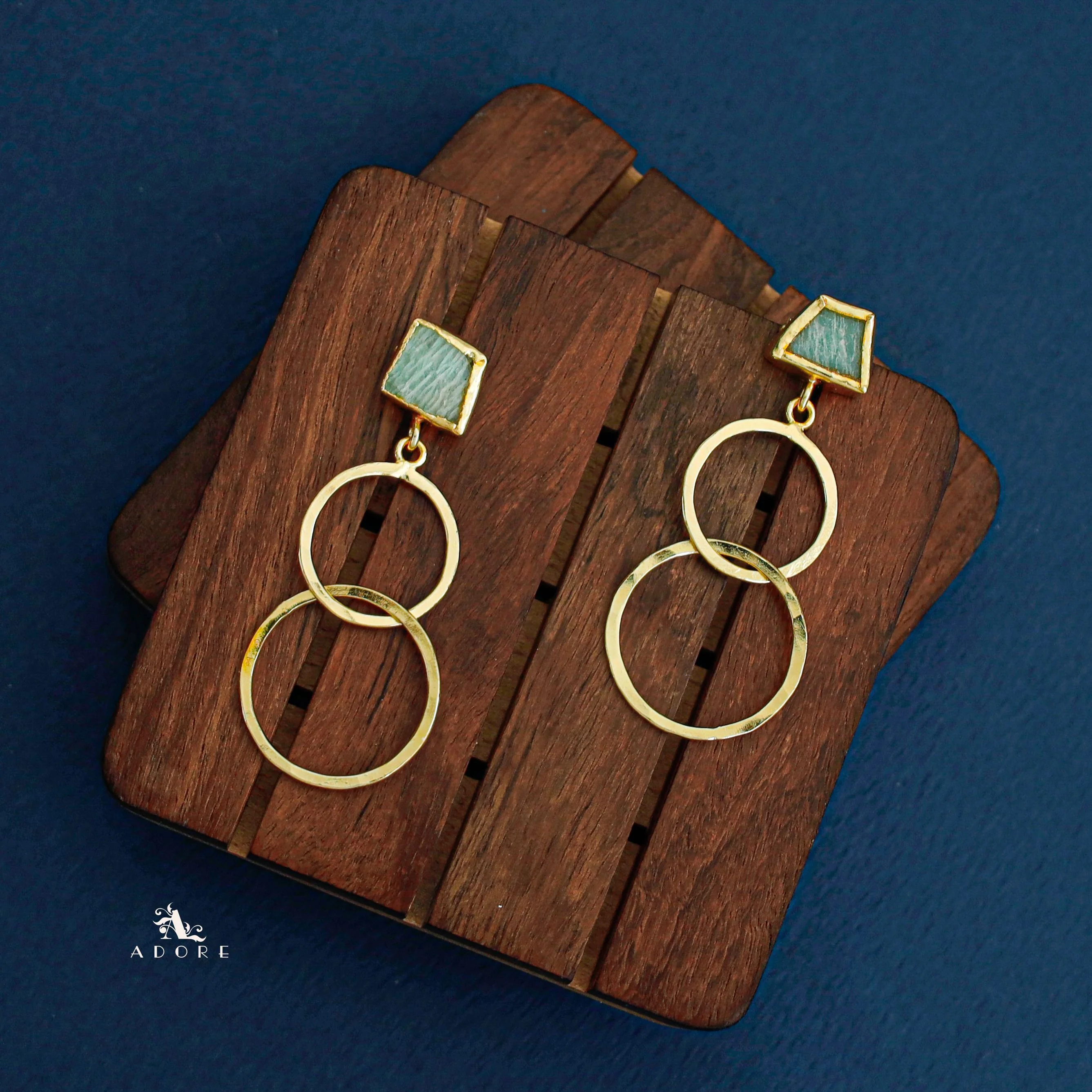 Golden Dual Circle Raw Stone Earring - Image 2