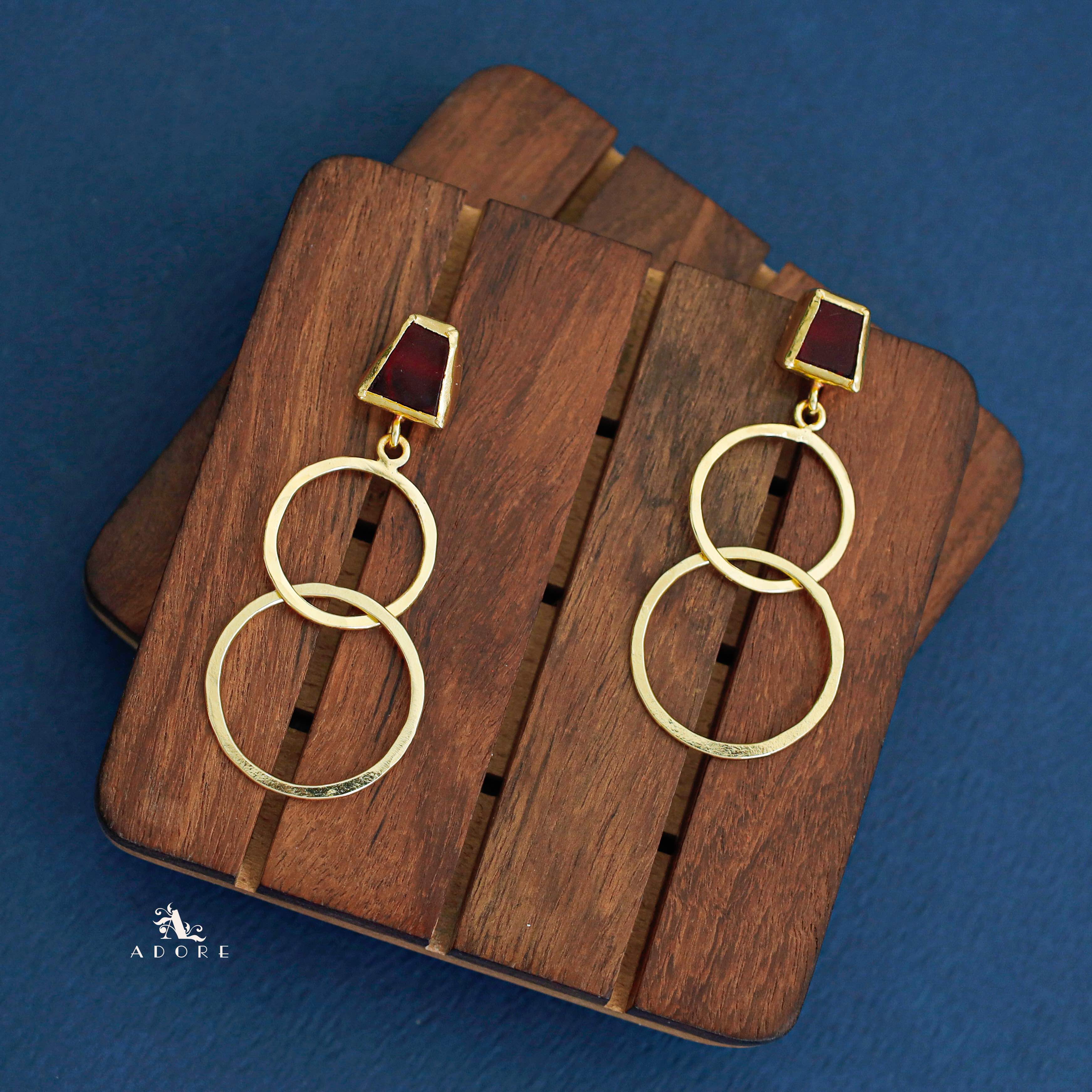 Golden Dual Circle Raw Stone Earring - Image 3