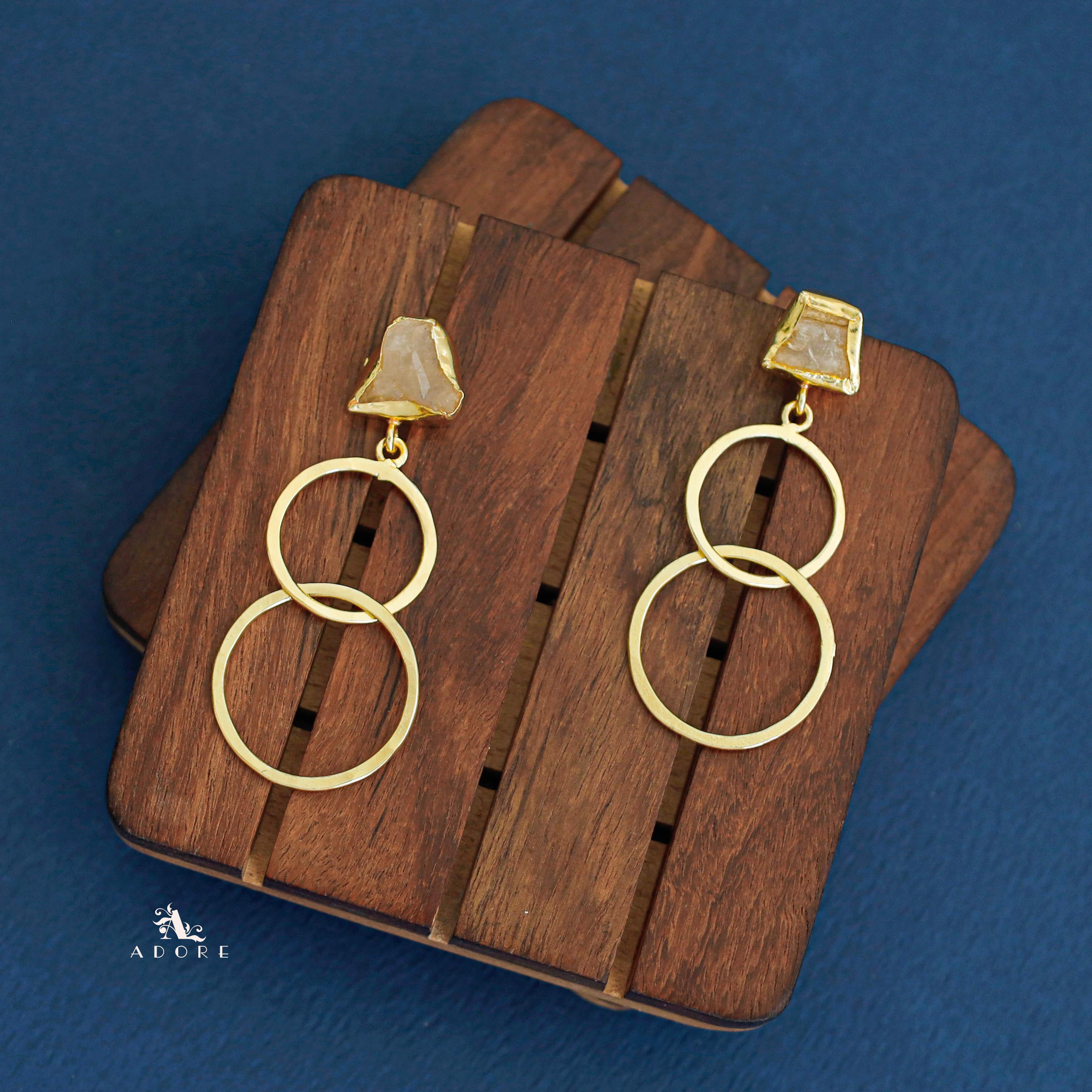 Golden Dual Circle Raw Stone Earring - Image 4