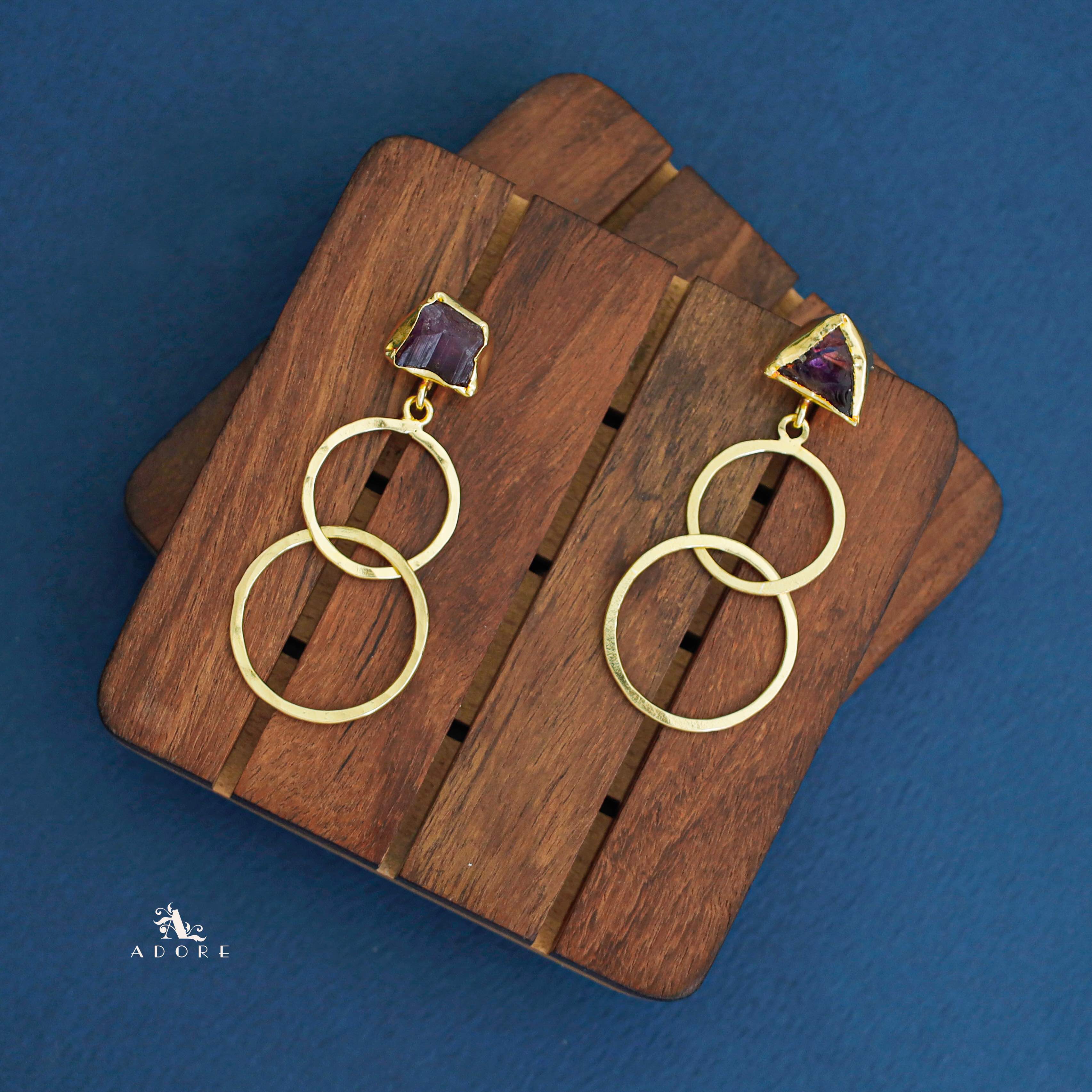 Golden Dual Circle Raw Stone Earring - Image 7
