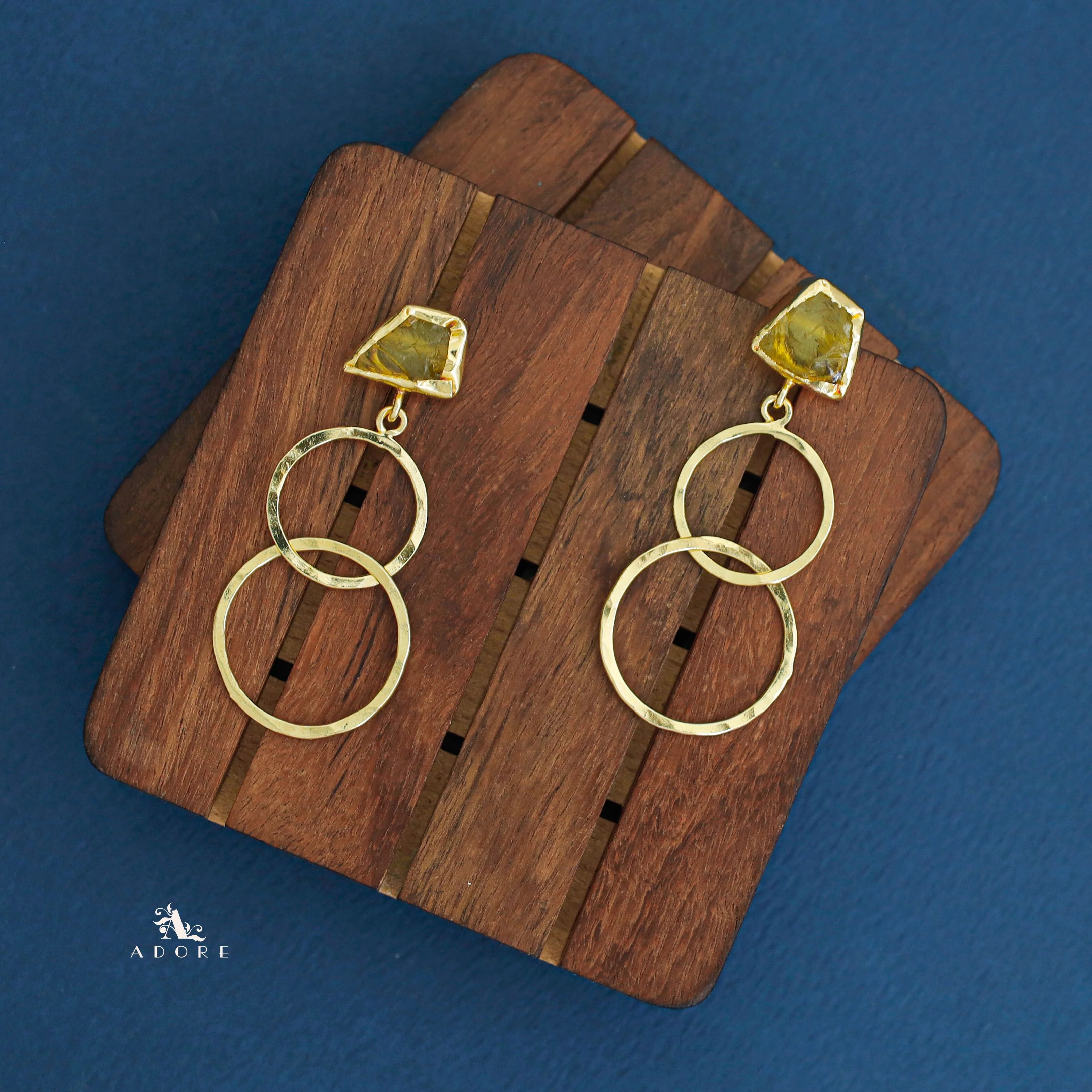 Golden Dual Circle Raw Stone Earring - Image 8
