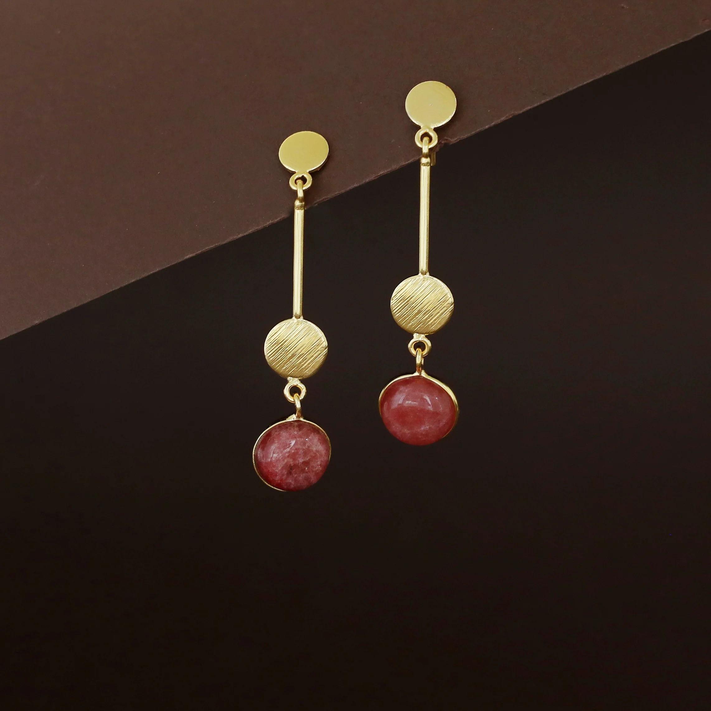 Golden Dual Circle Stick Natural Stone Earring - Image 12