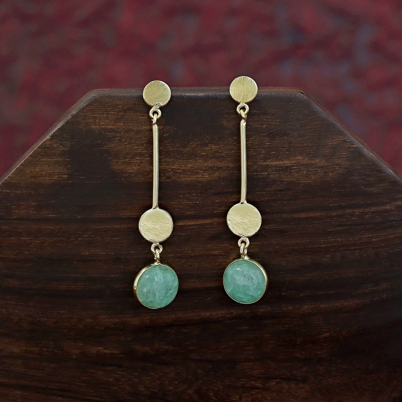 Golden Dual Circle Stick Natural Stone Earring - Image 2