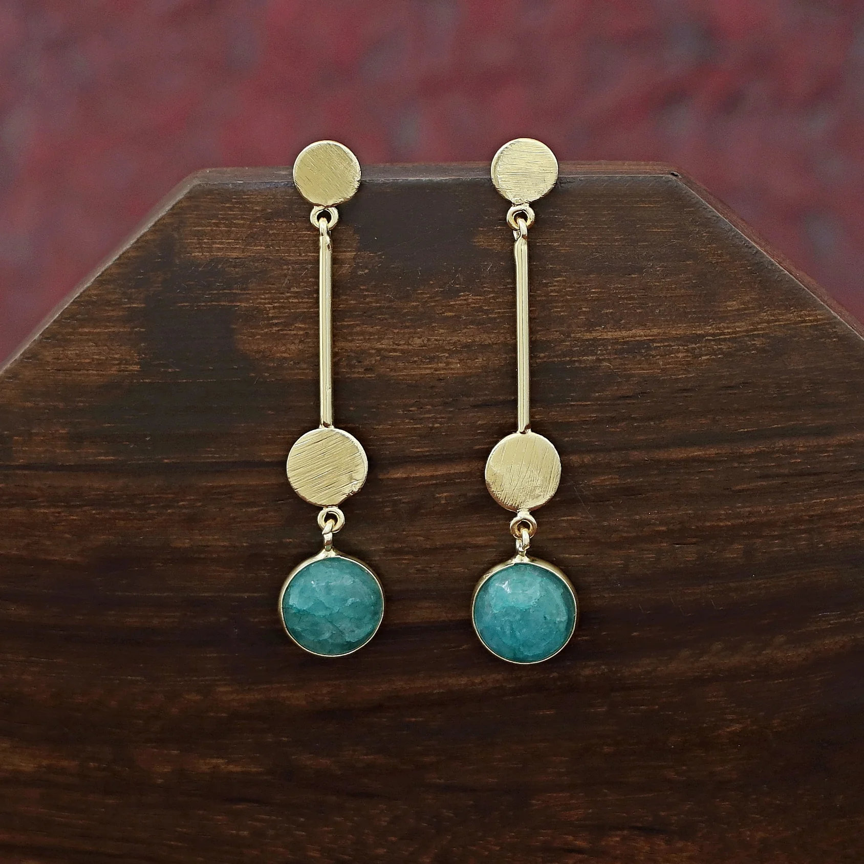 Golden Dual Circle Stick Natural Stone Earring - Image 3