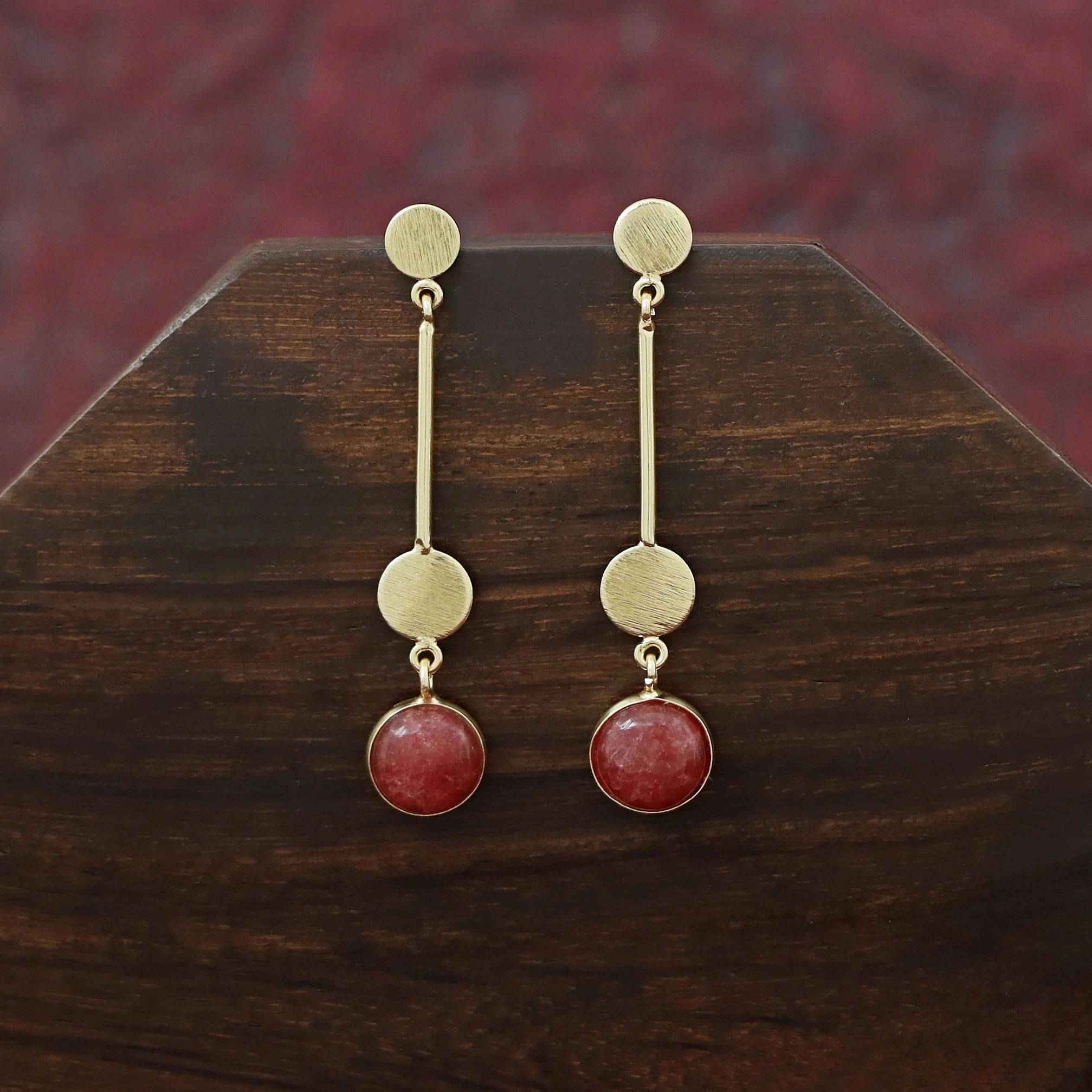 Golden Dual Circle Stick Natural Stone Earring - Image 4
