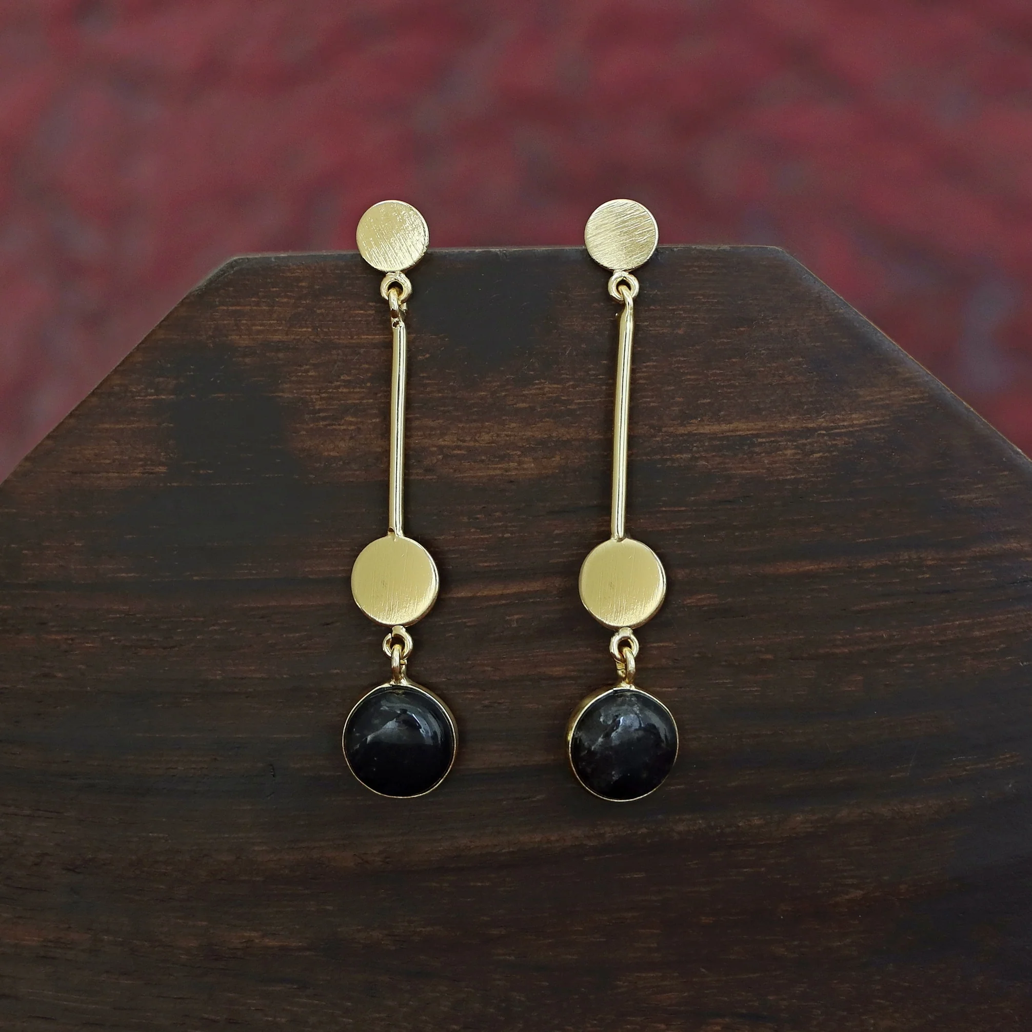 Golden Dual Circle Stick Natural Stone Earring - Image 5
