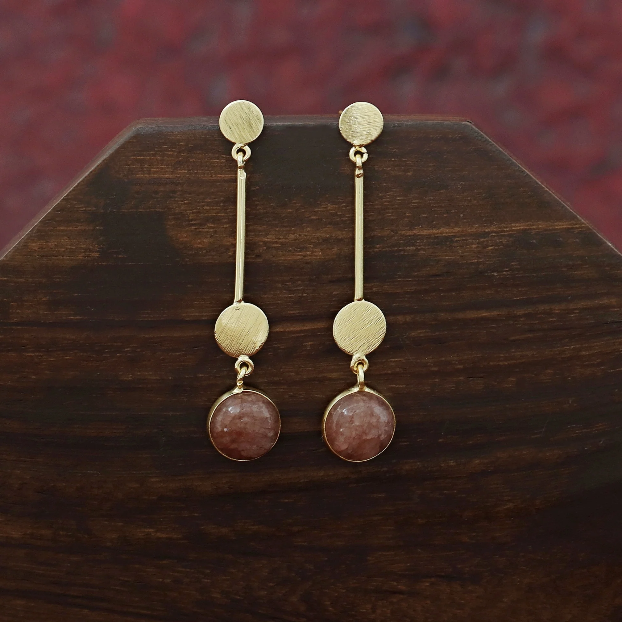 Golden Dual Circle Stick Natural Stone Earring - Image 7