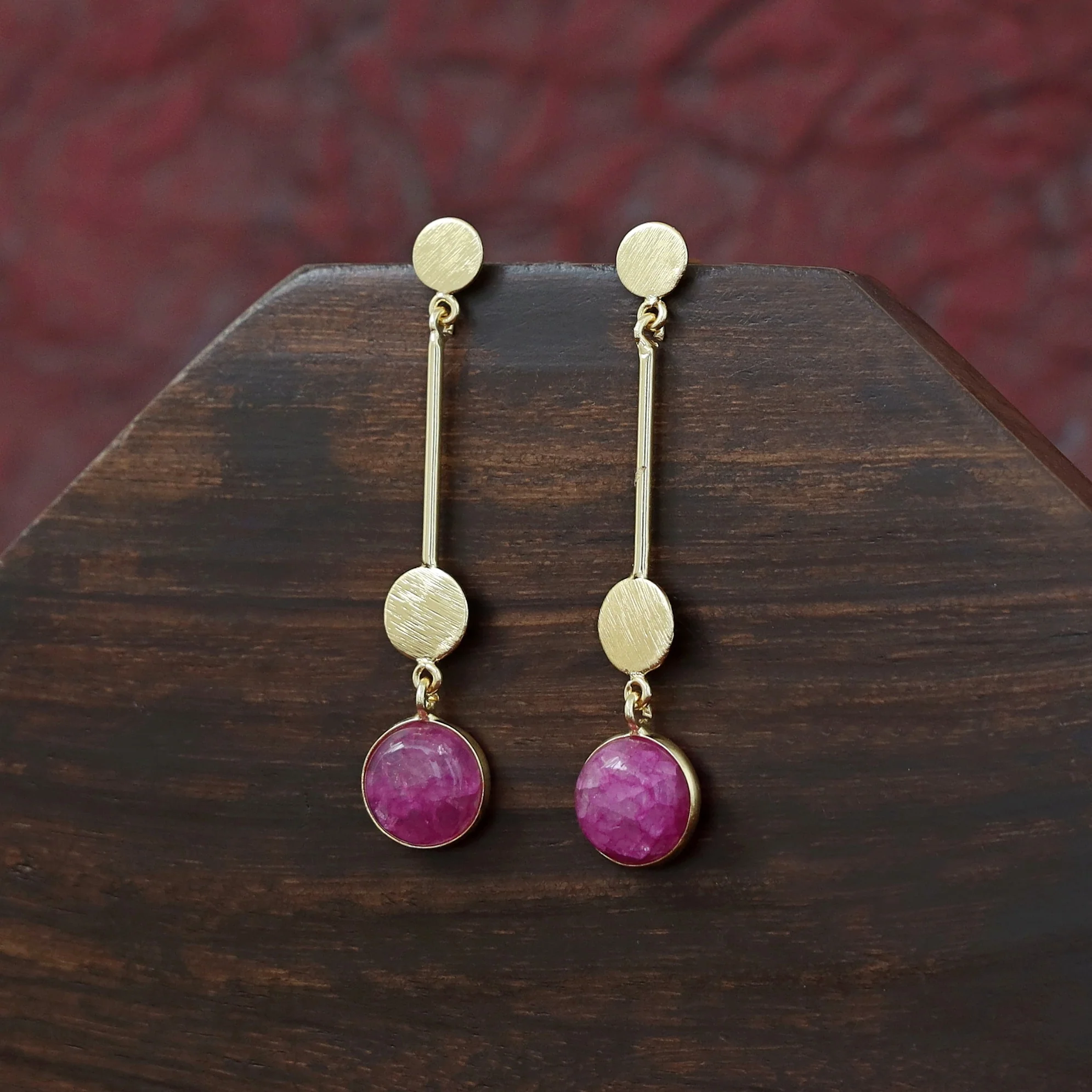 Golden Dual Circle Stick Natural Stone Earring - Image 8