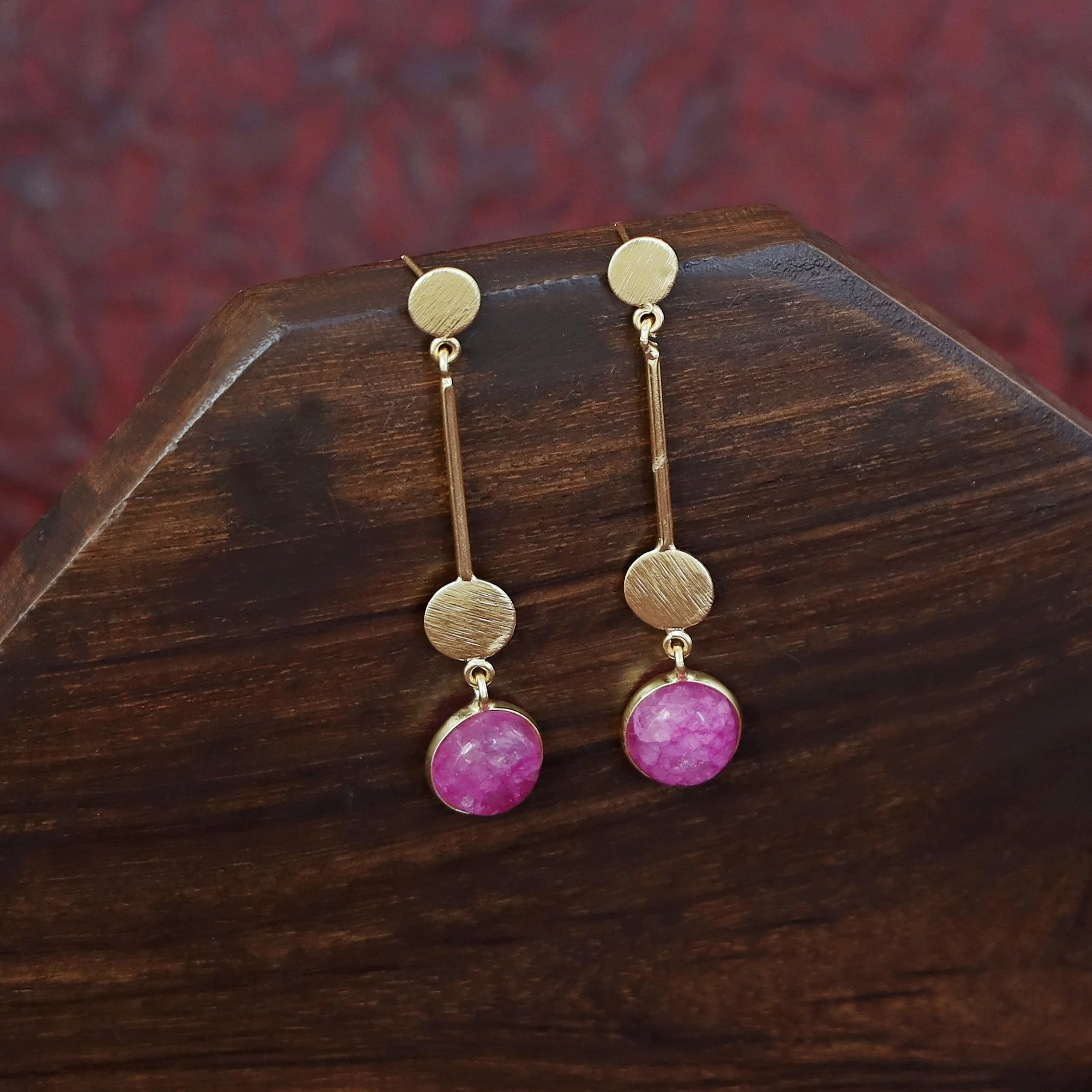 Golden Dual Circle Stick Natural Stone Earring - Image 9