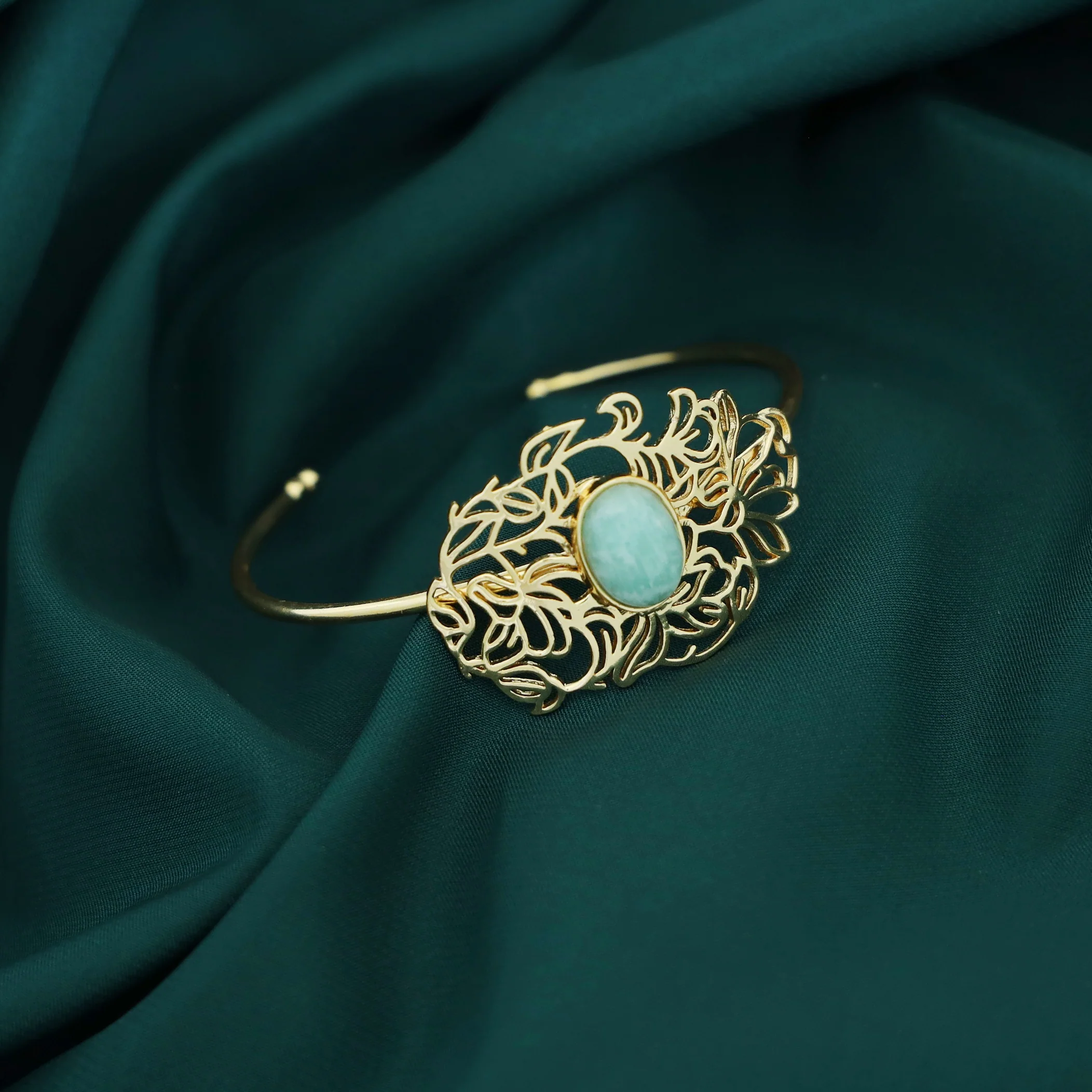 Golden Floral Filigree Oval Natural Stone Bracelet - Image 2