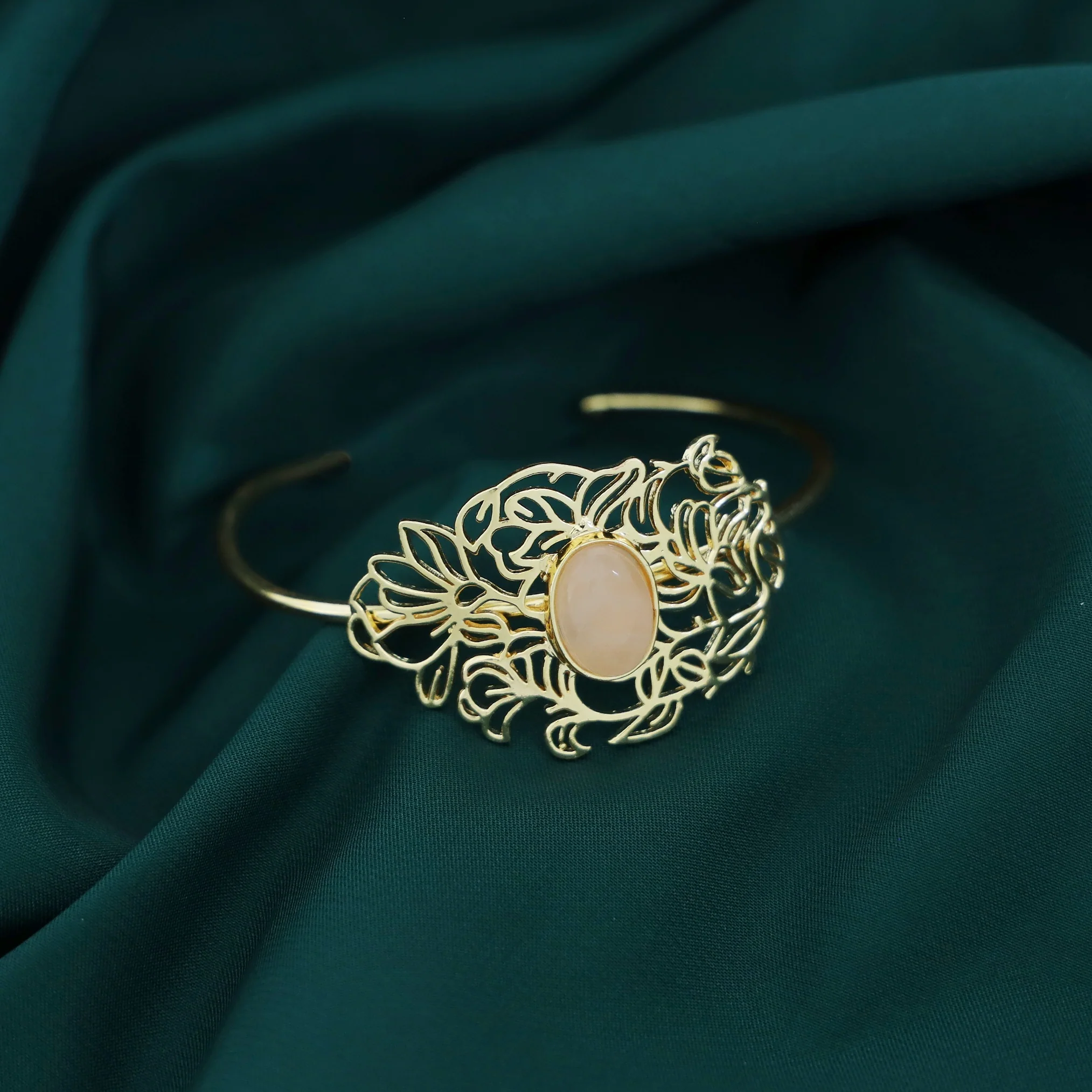 Golden Floral Filigree Oval Natural Stone Bracelet - Image 5
