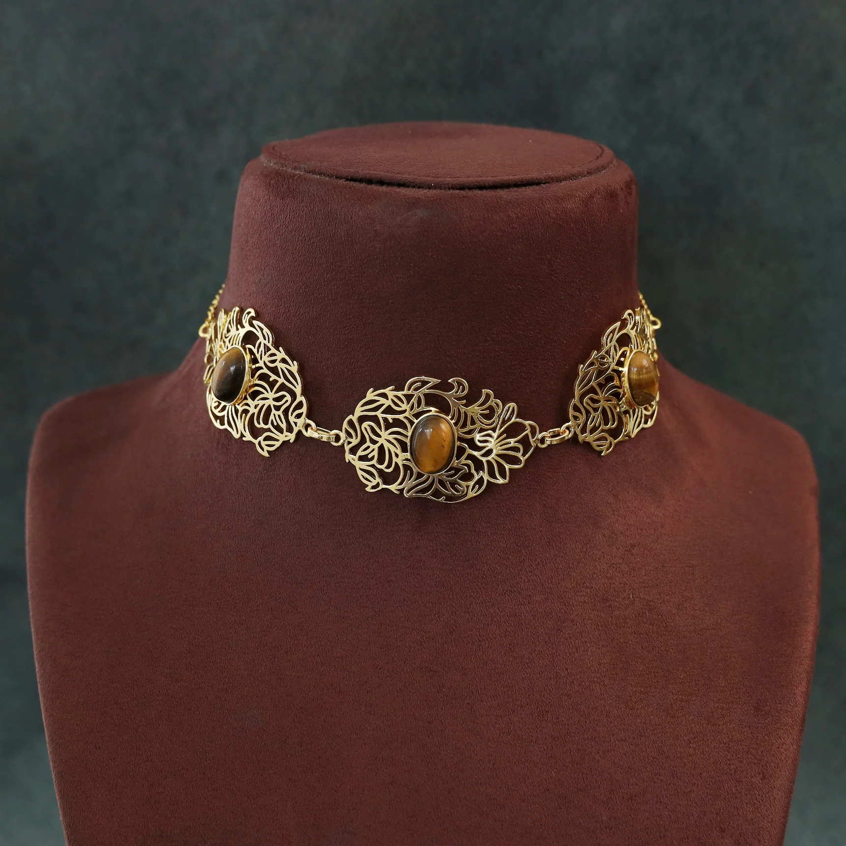 Golden Floral Filigree Oval Natural Stone Choker - Image 2