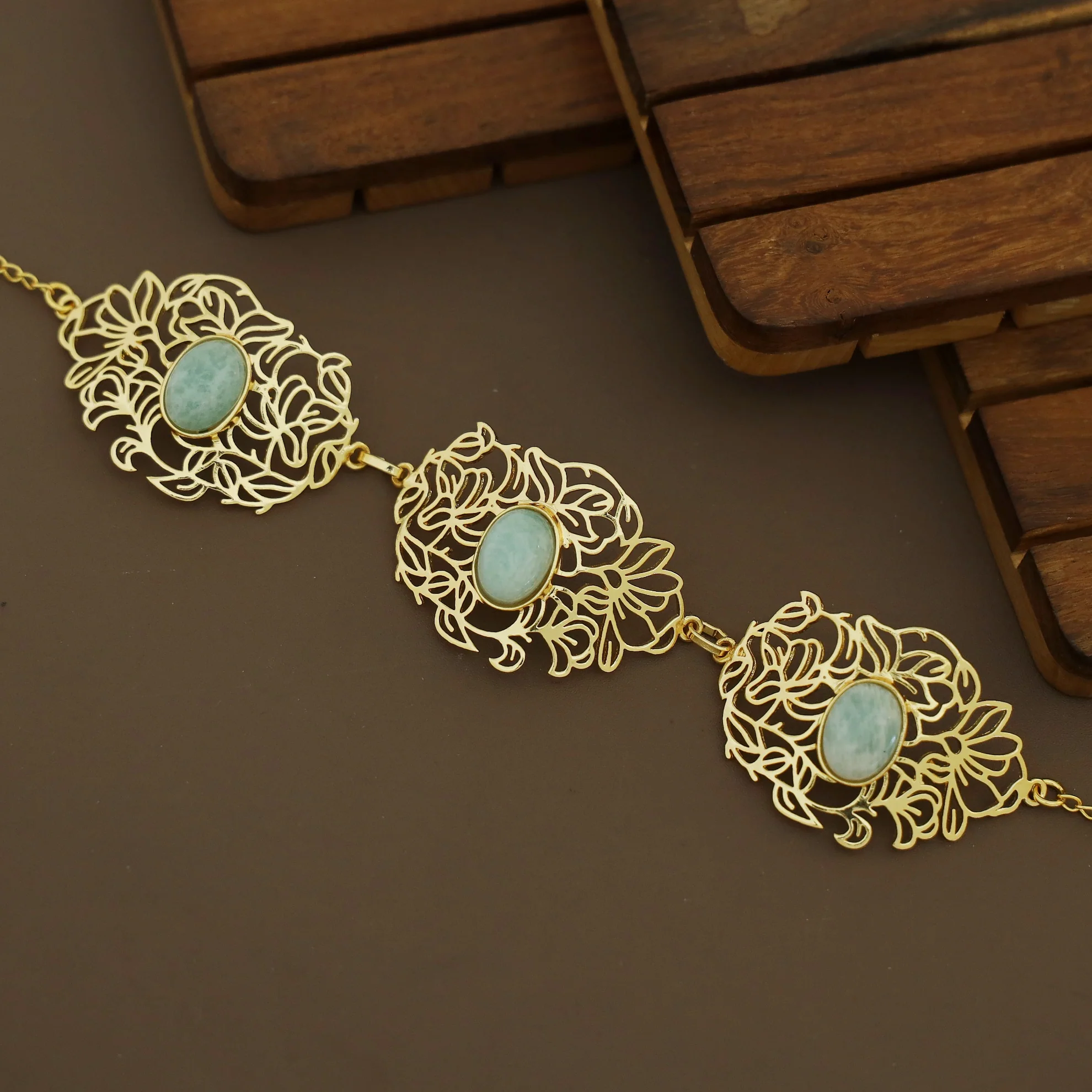 Golden Floral Filigree Oval Natural Stone Choker - Image 3