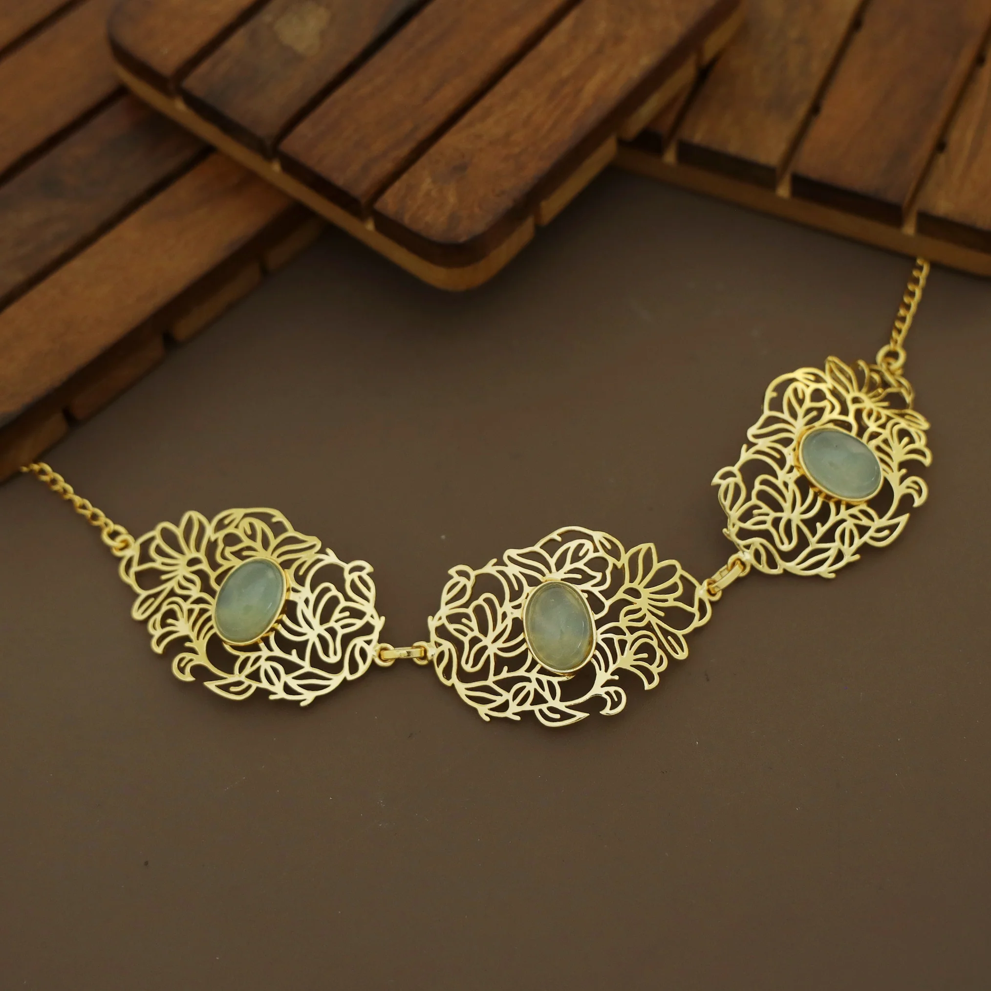 Golden Floral Filigree Oval Natural Stone Choker - Image 4