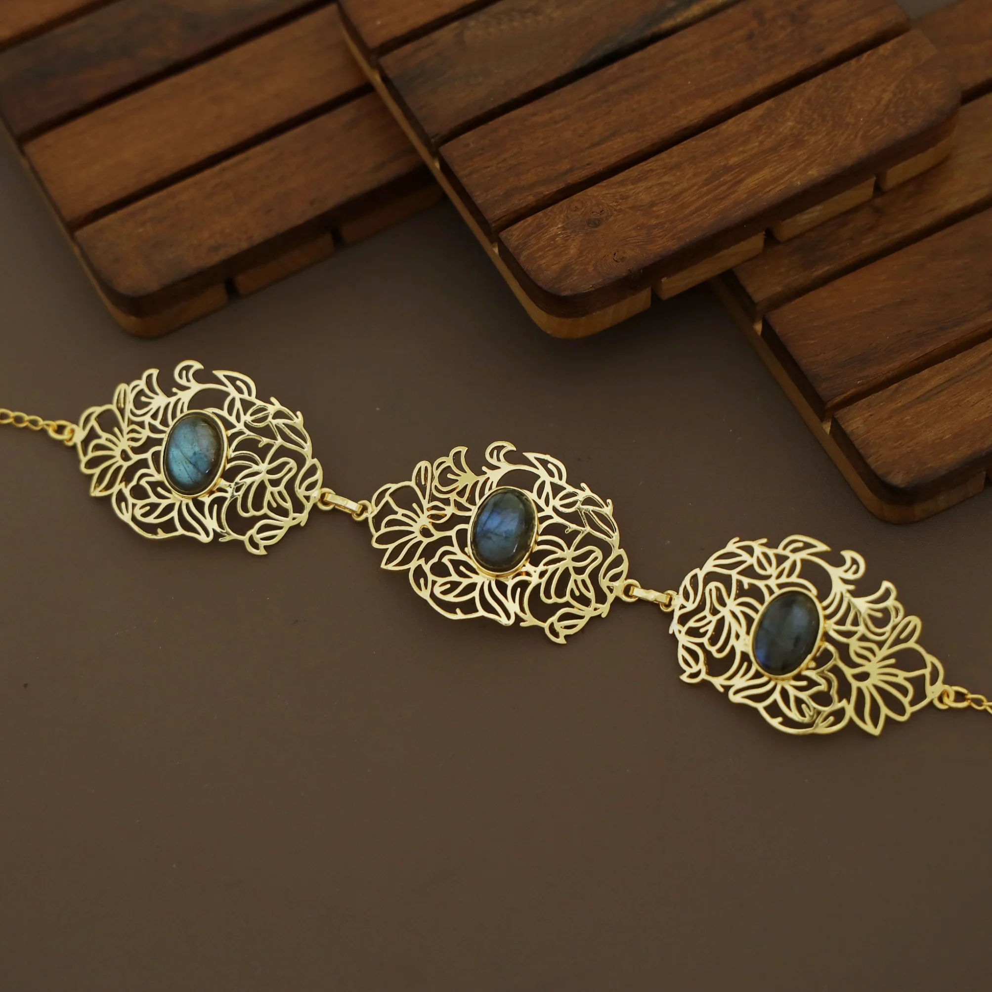 Golden Floral Filigree Oval Natural Stone Choker - Image 6