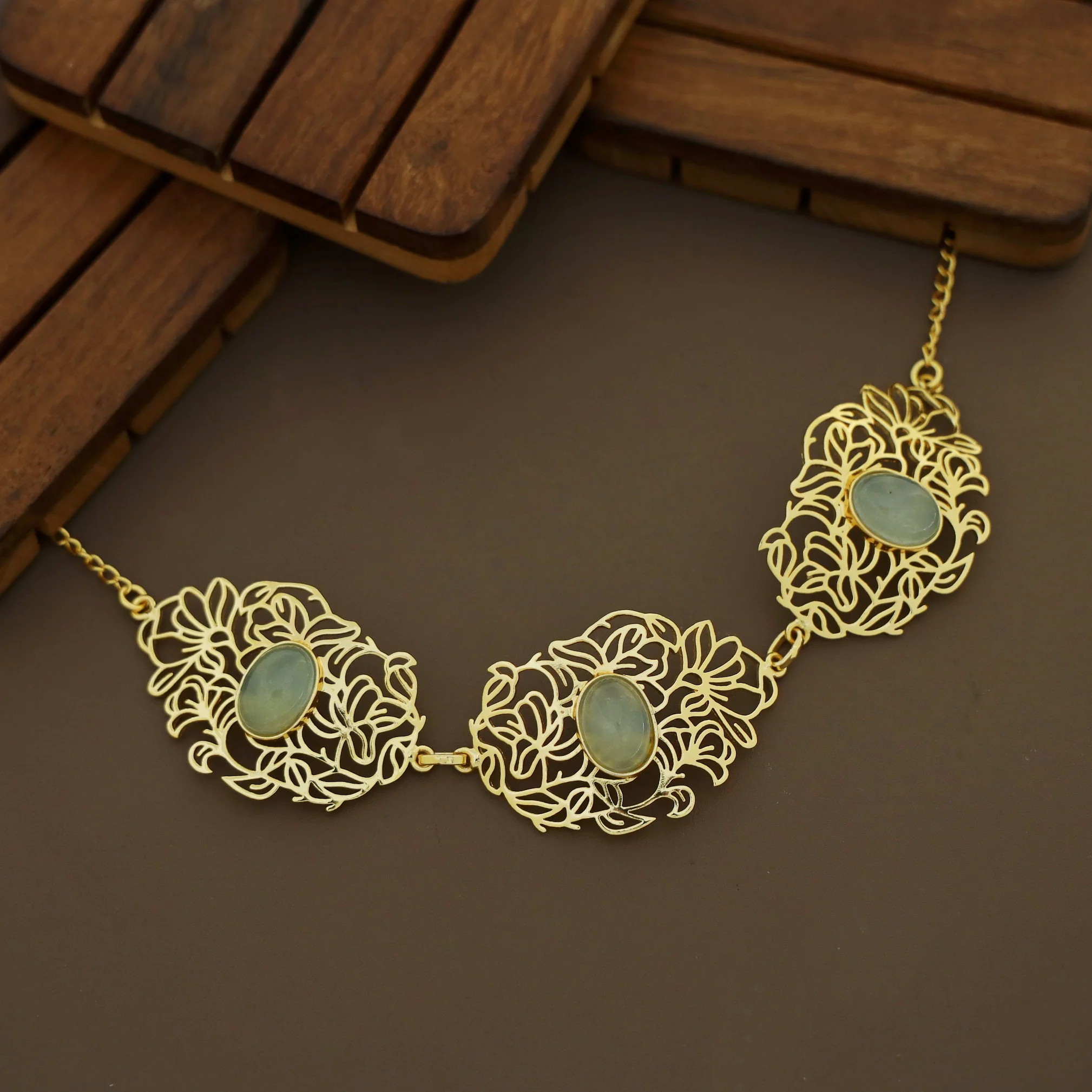 Golden Floral Filigree Oval Natural Stone Choker - Image 7