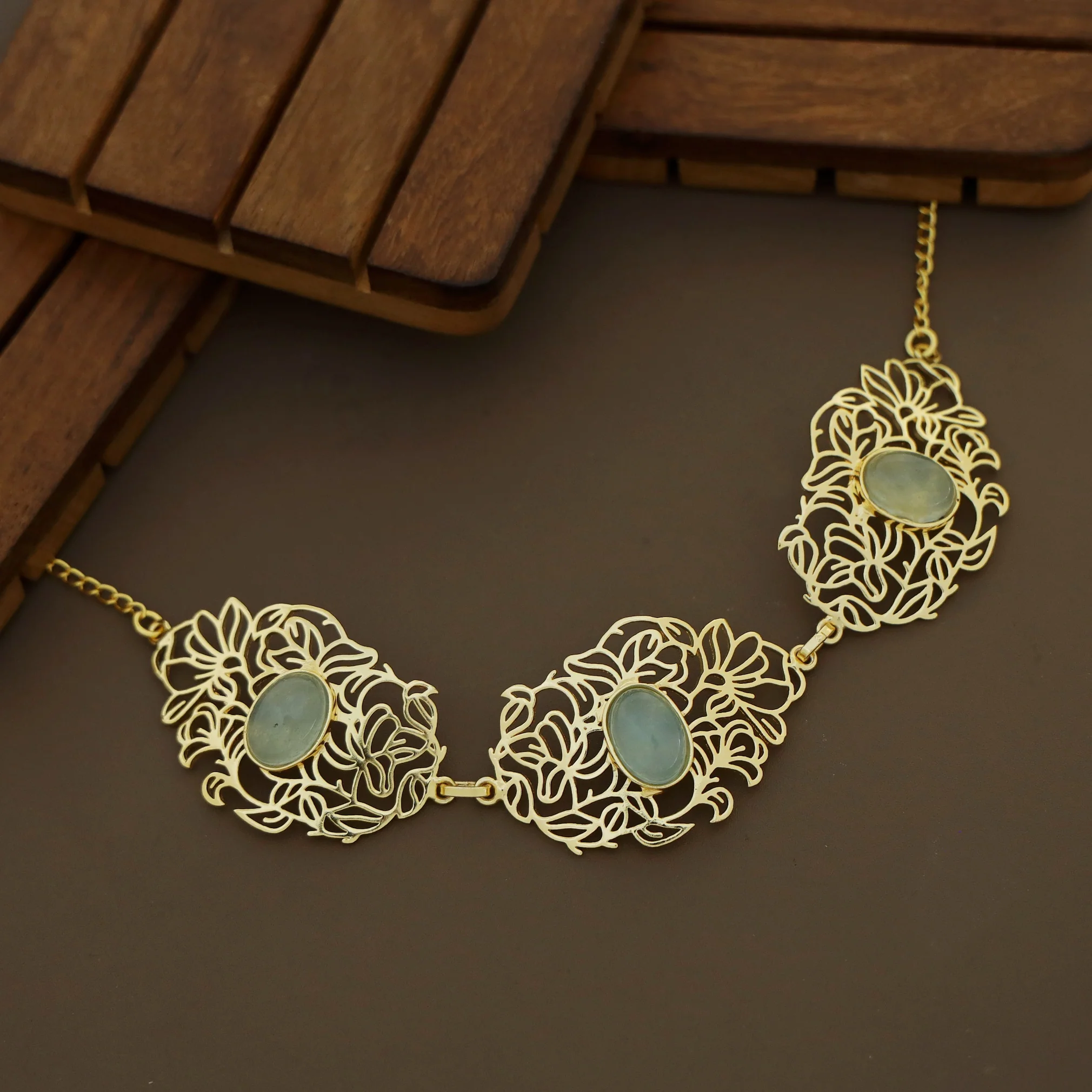 Golden Floral Filigree Oval Natural Stone Choker - Image 8