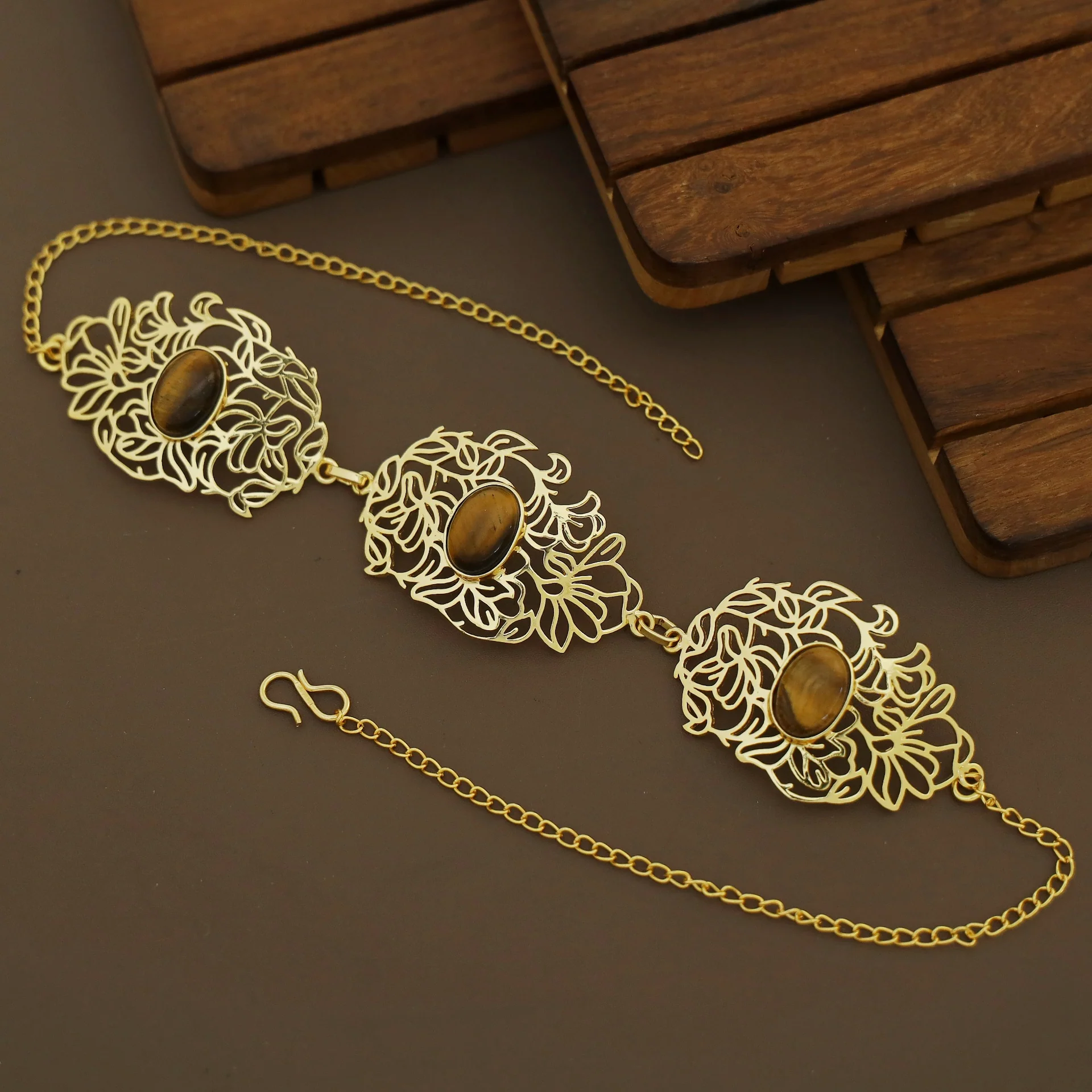 Golden Floral Filigree Oval Natural Stone Choker - Image 9