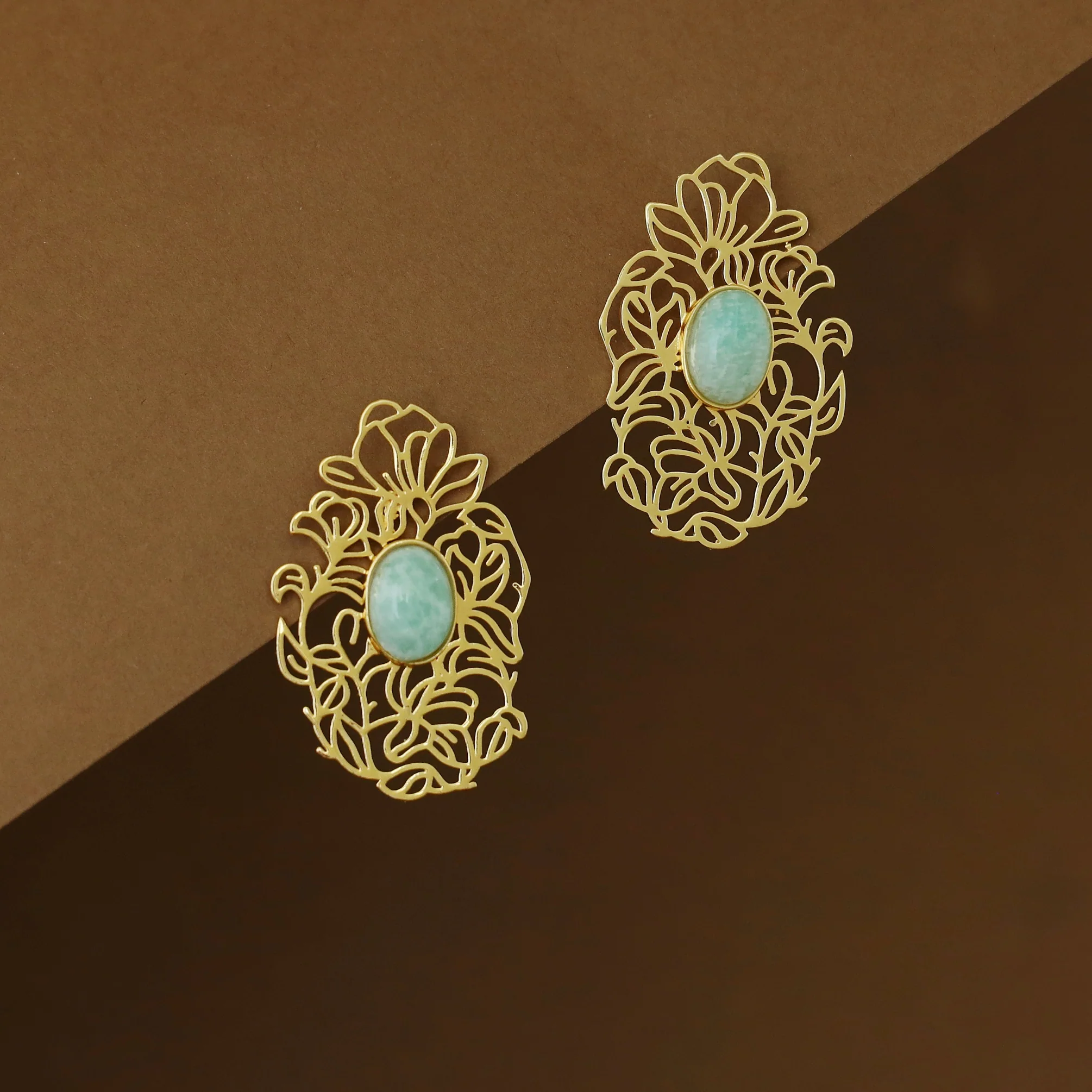 Golden Floral Filigree Oval Natural Stone Earring - Image 2