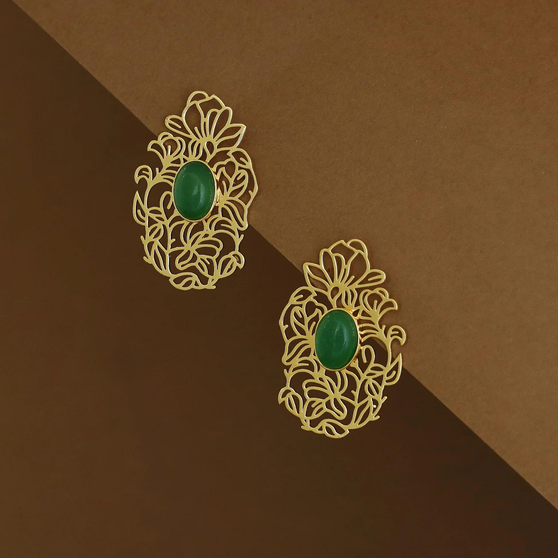 Golden Floral Filigree Oval Natural Stone Earring - Image 5