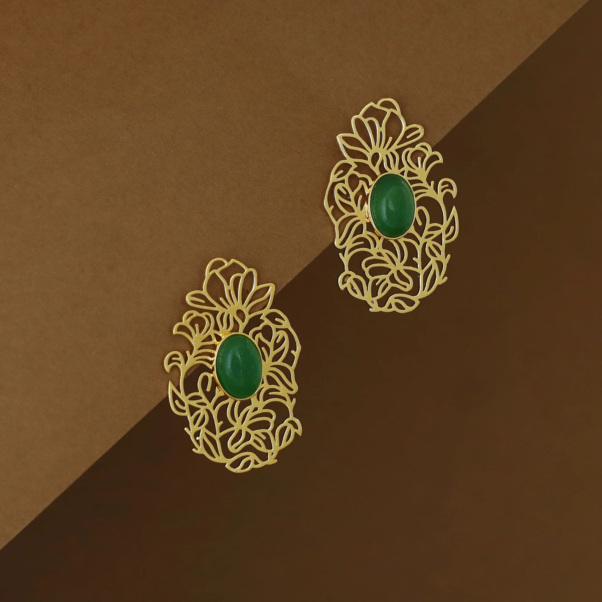 Golden Floral Filigree Oval Natural Stone Earring - Image 7
