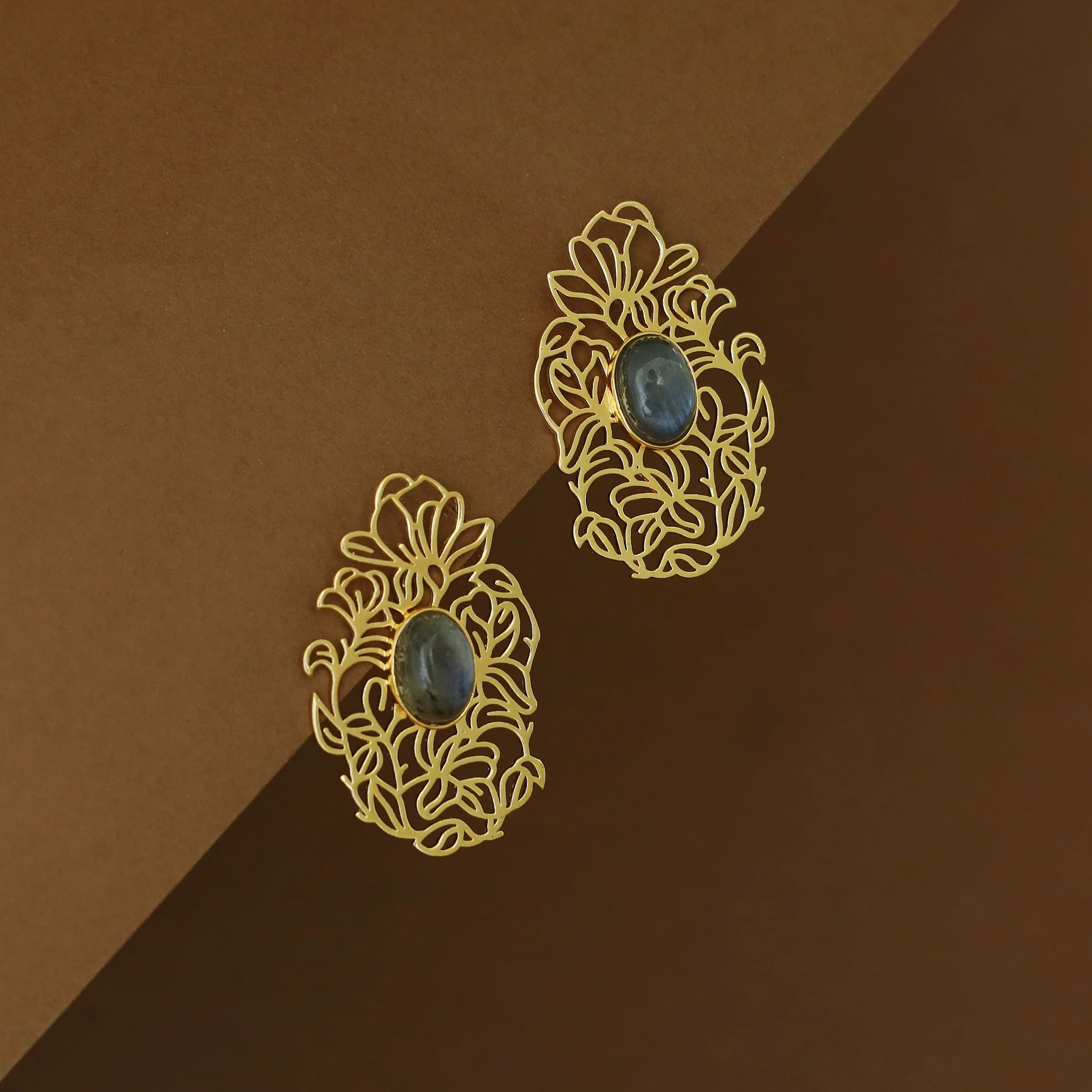 Golden Floral Filigree Oval Natural Stone Earring - Image 8