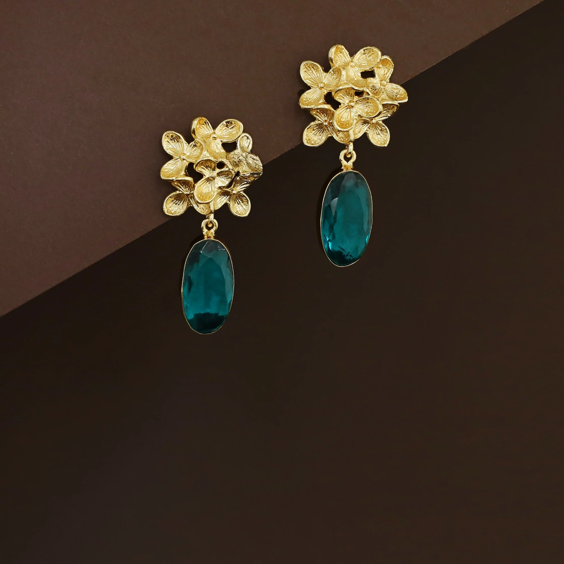 Golden Flower Bunch Oval Glossy Stone Earring - Image 10