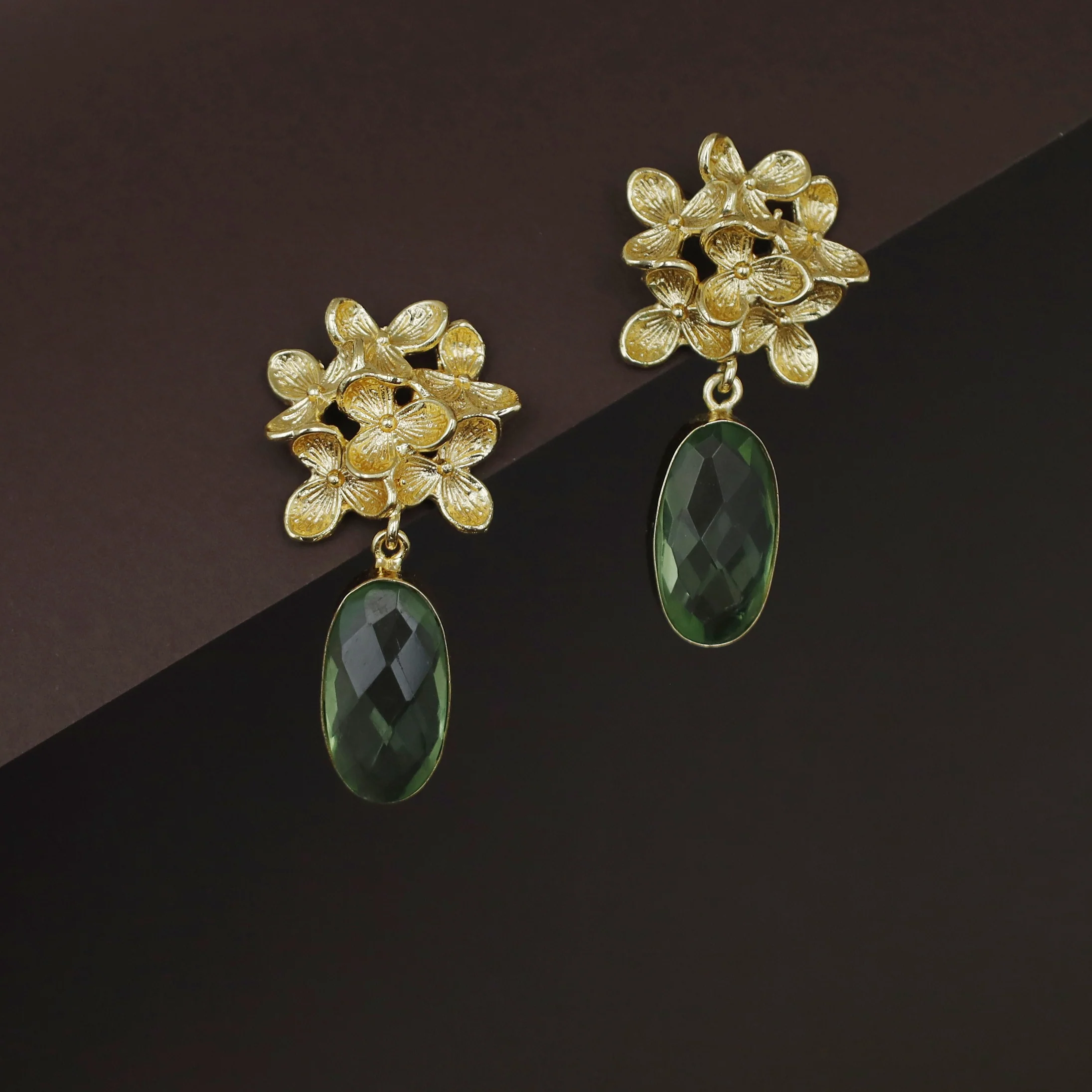Golden Flower Bunch Oval Glossy Stone Earring - Image 14