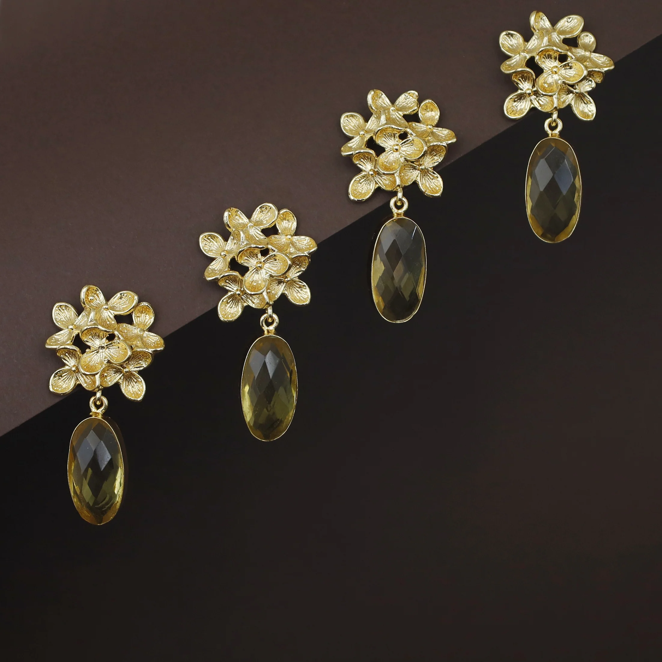 Golden Flower Bunch Oval Glossy Stone Earring - Image 15