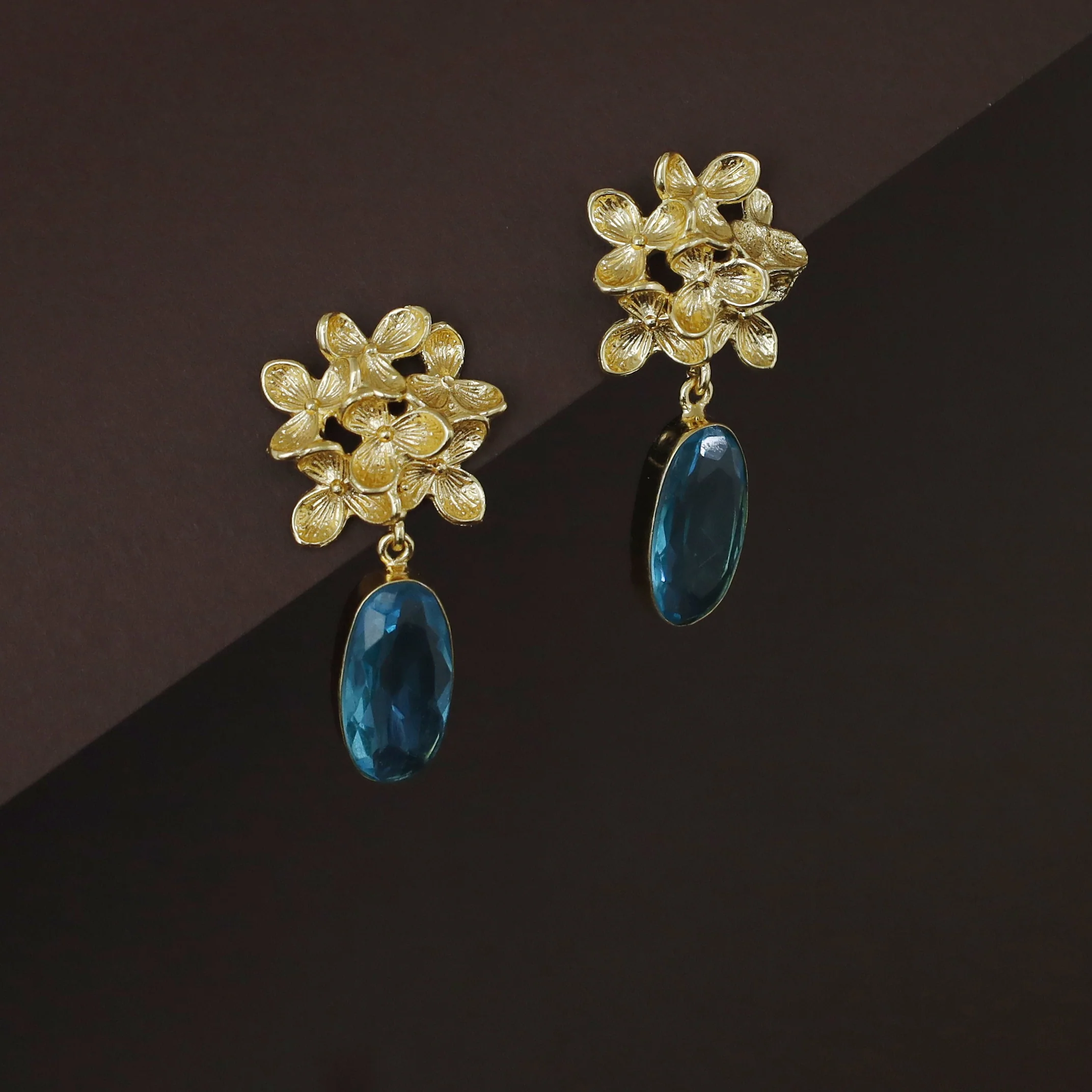 Golden Flower Bunch Oval Glossy Stone Earring - Image 17