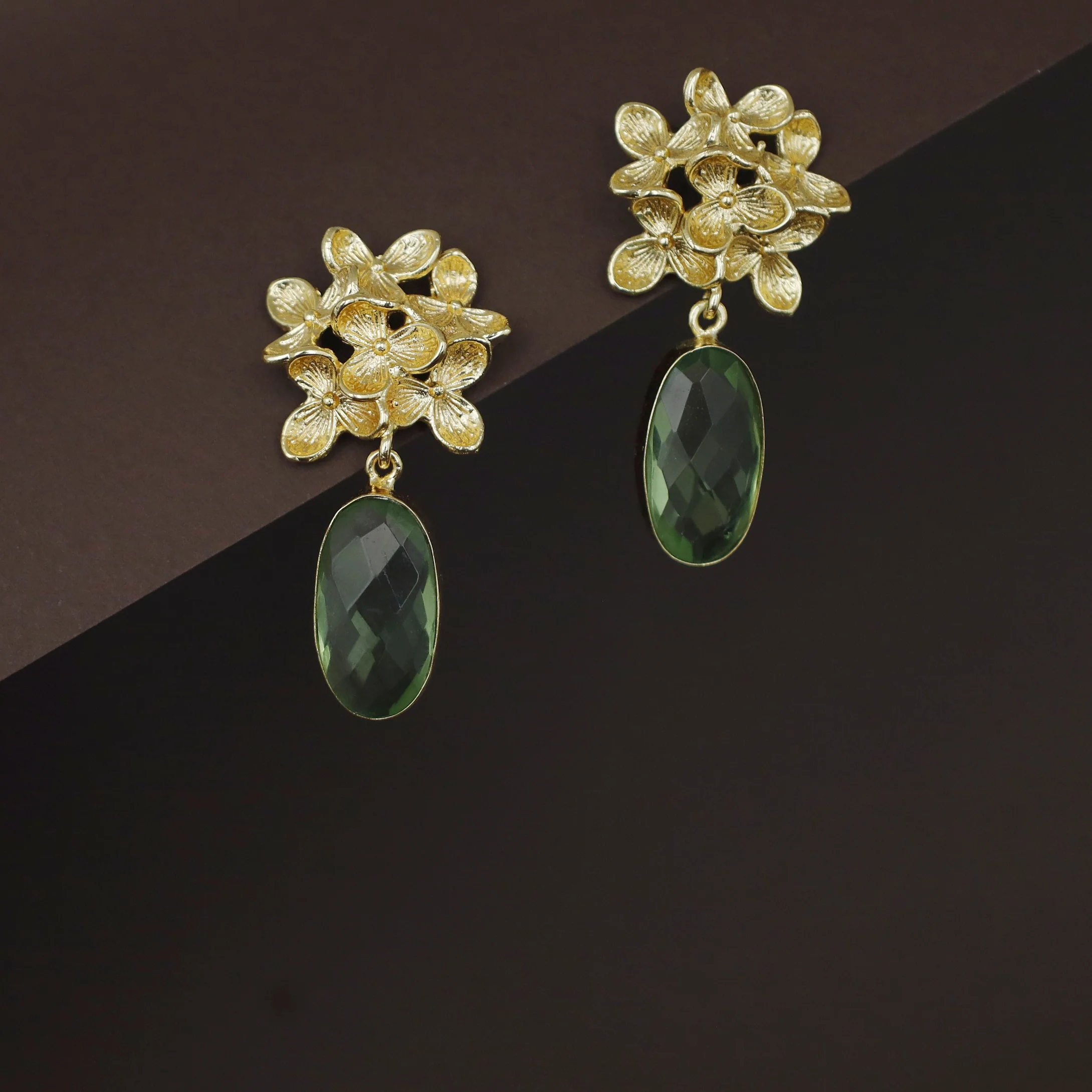 Golden Flower Bunch Oval Glossy Stone Earring - Image 6